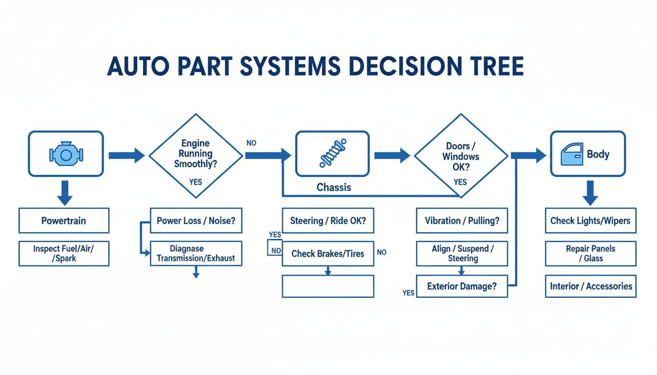 A decision tree flowchart for diagnosing auto part systems, covering powertrain, chassis, and body issues.