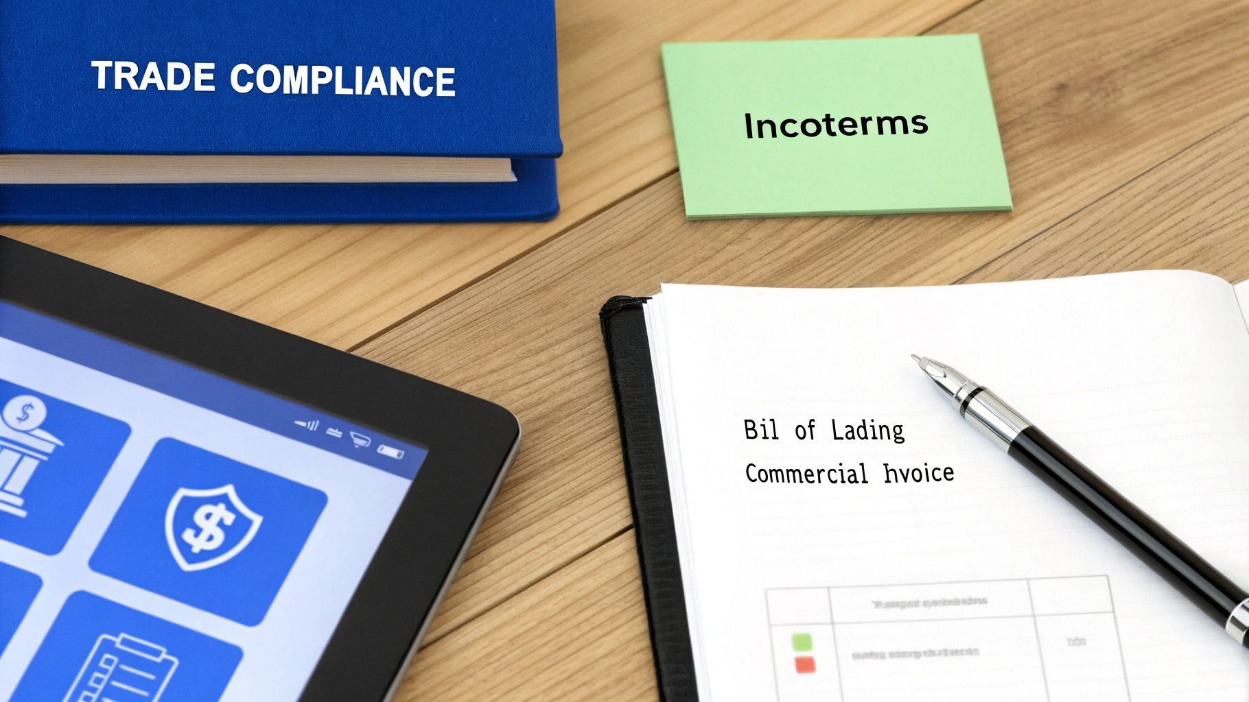 Desk with trade compliance book, Incoterms note, tablet, pen, and shipping documents.