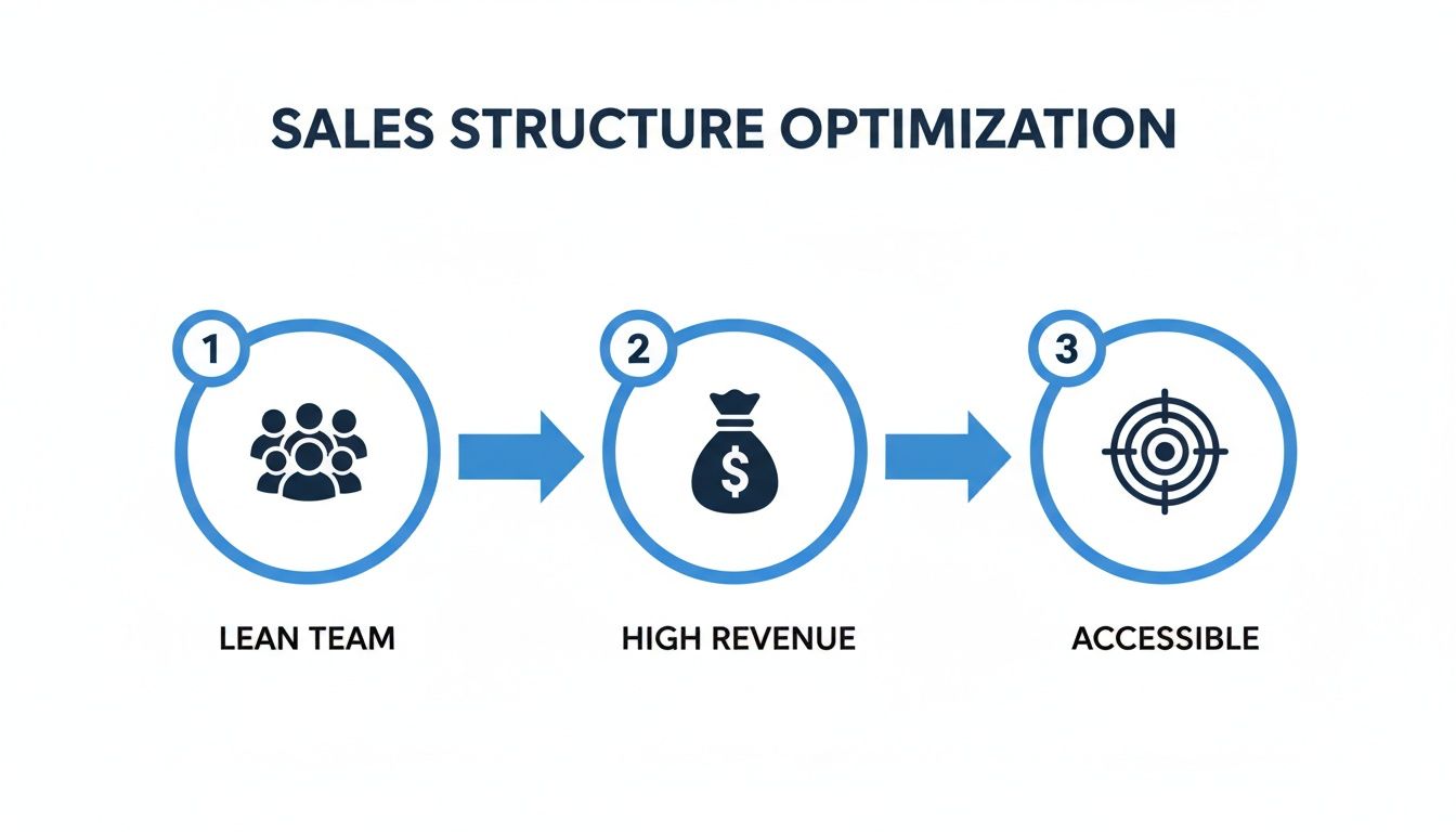 Diagram showing sales structure optimization steps: lean team, high revenue, and accessible goals.