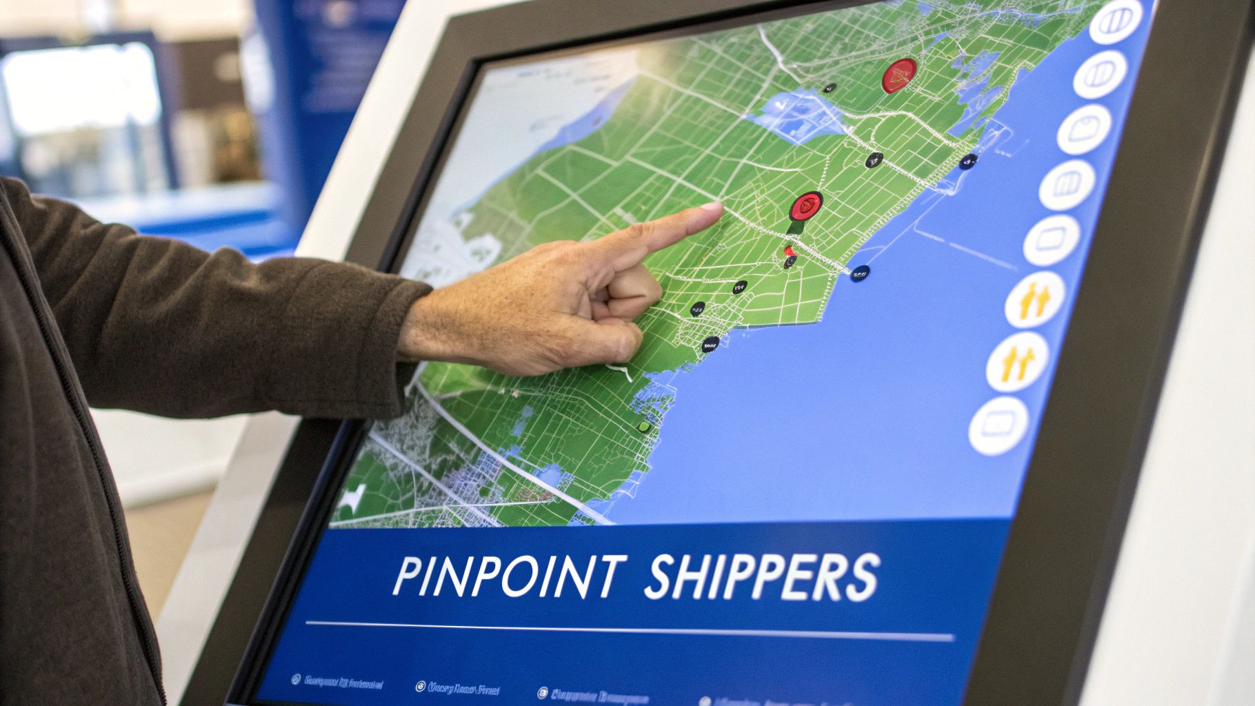 A person's hand points at a digital map on a large screen displaying "PINPOINT SHIPPERS".