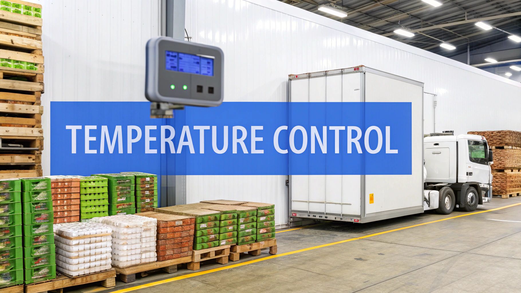 Warehouse scene showing a refrigerated truck, pallets of goods, and a temperature control sign.
