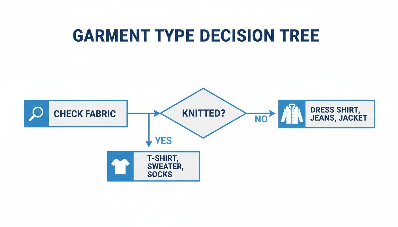 A flowchart illustrates a Garment Type Decision Tree, classifying garments based on whether the fabric is knitted.