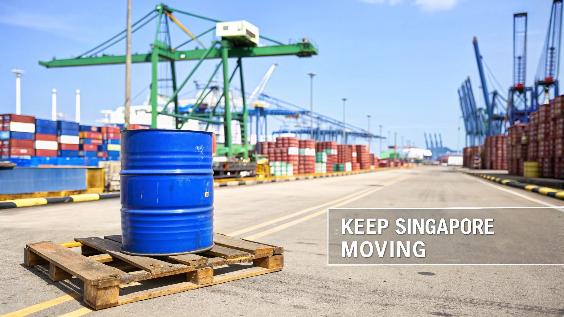 Blue industrial barrel on a wooden pallet at a bustling shipping port with cranes and containers.