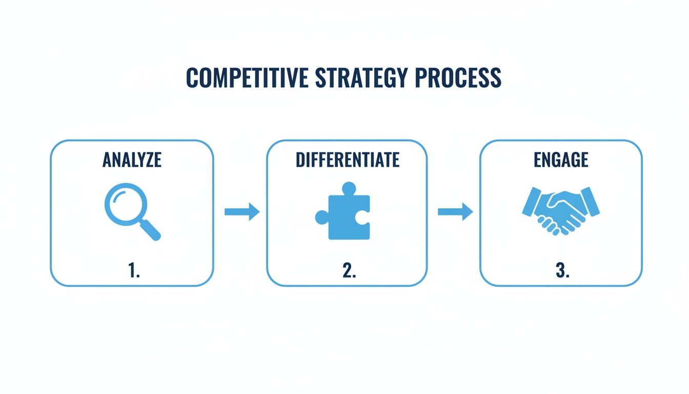 Diagram showing a three-step competitive strategy process: Analyze, Differentiate, and Engage with icons.
