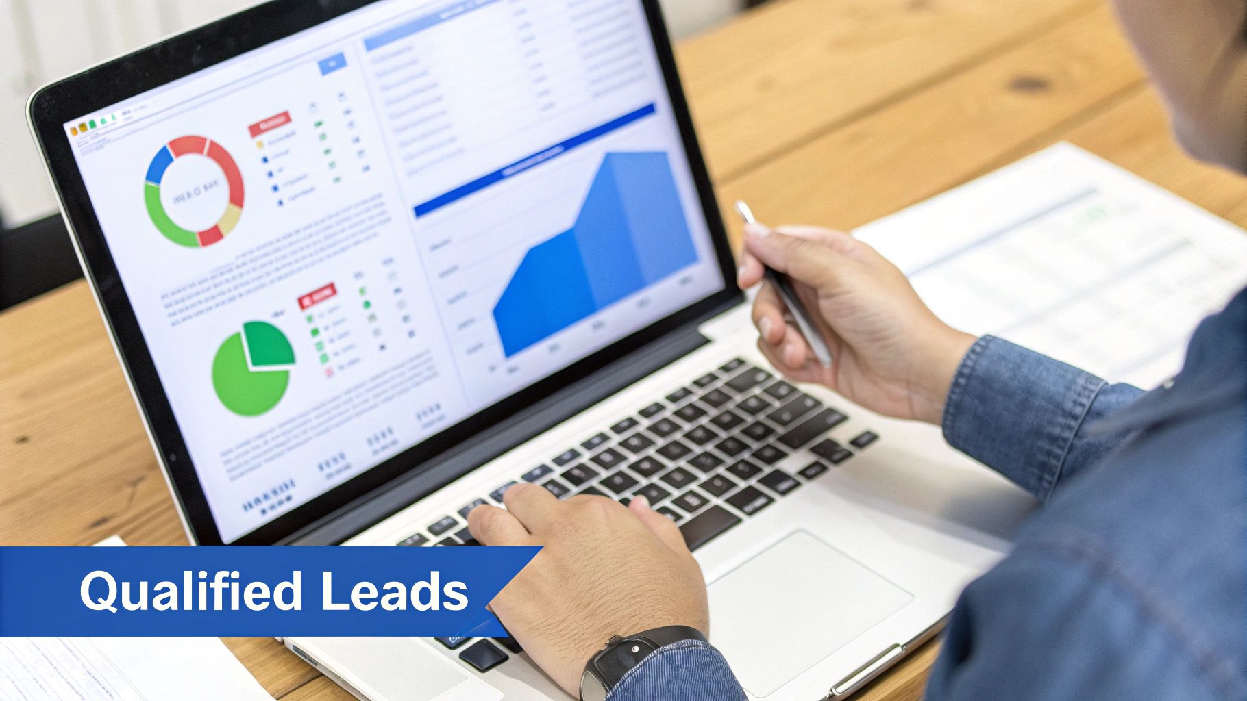 Person analyzes business data and qualified leads on a laptop with charts and graphs.