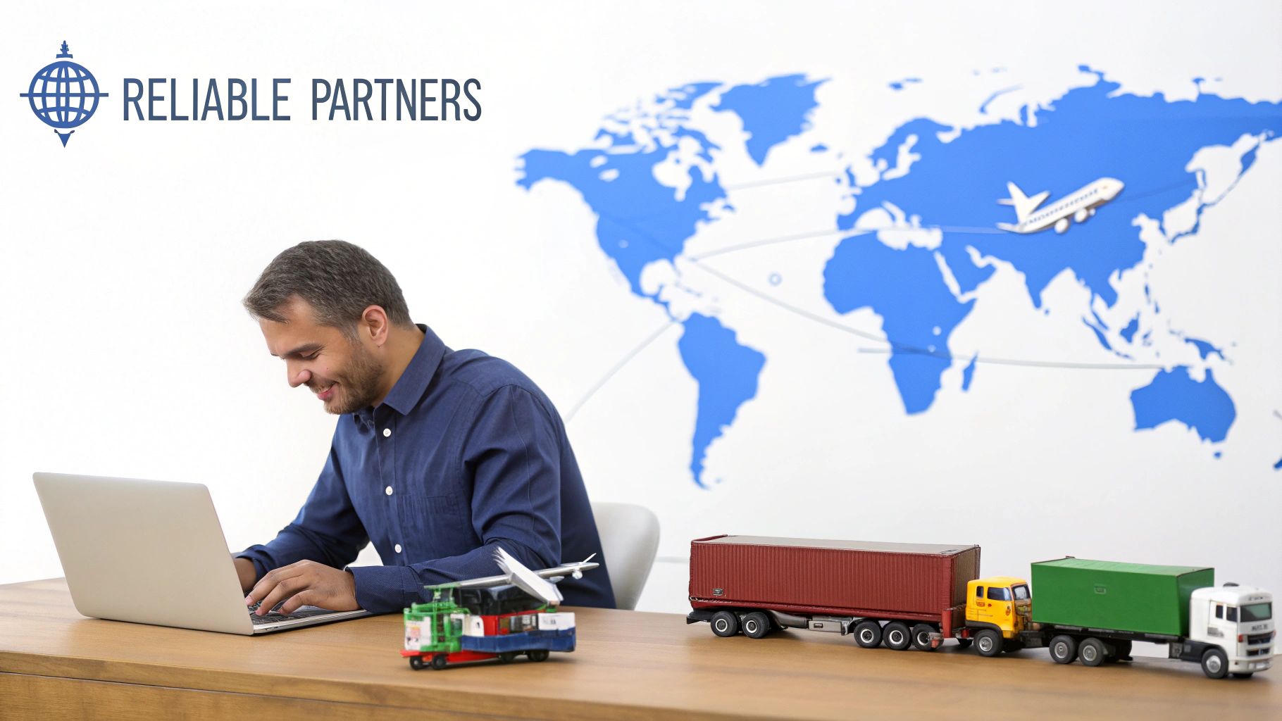A man working on a laptop with toy logistics vehicles and a world map, representing global shipping.