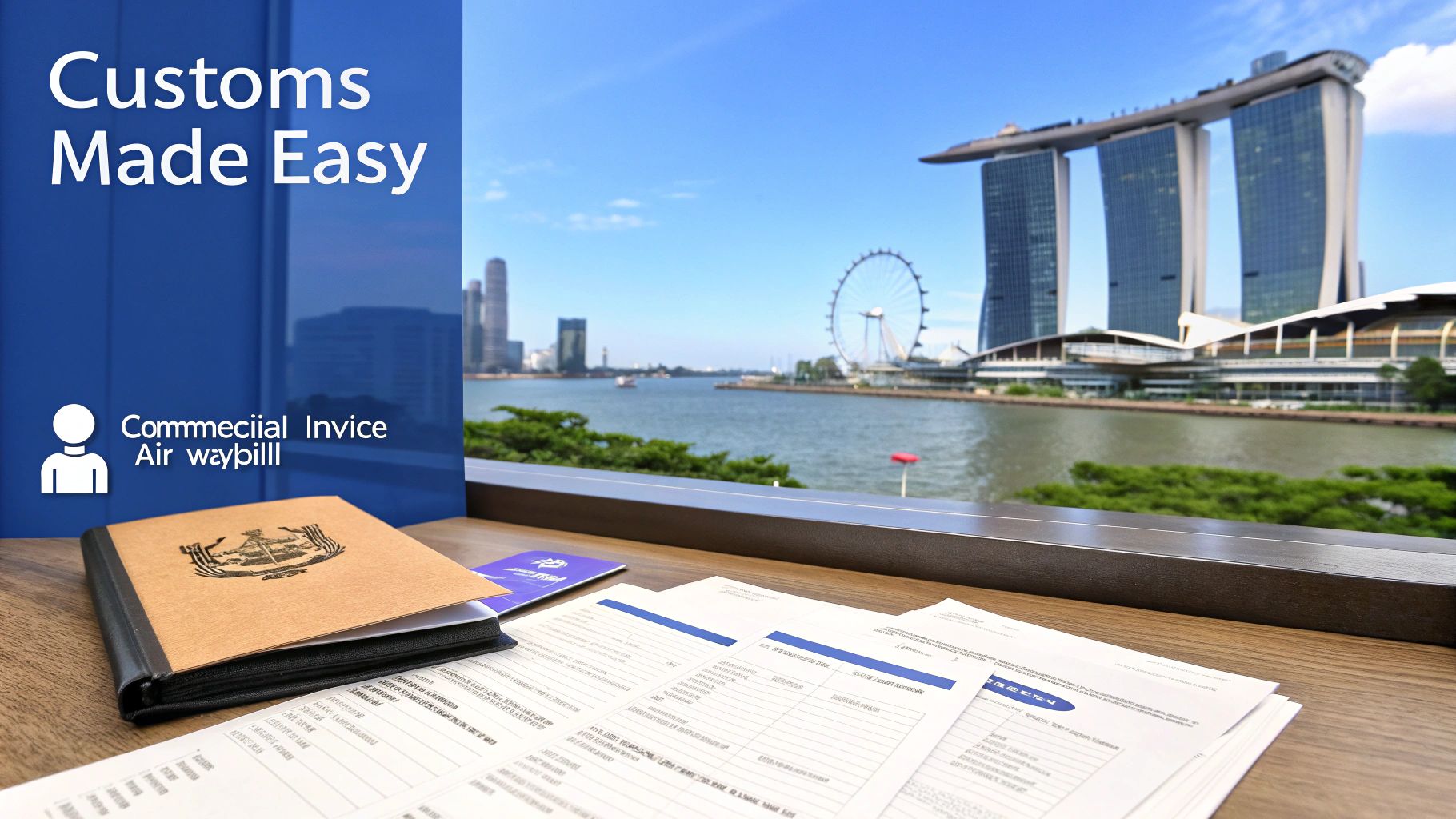 Documents and a book on a desk overlooking Singapore's Marina Bay Sands skyline, with text about customs.