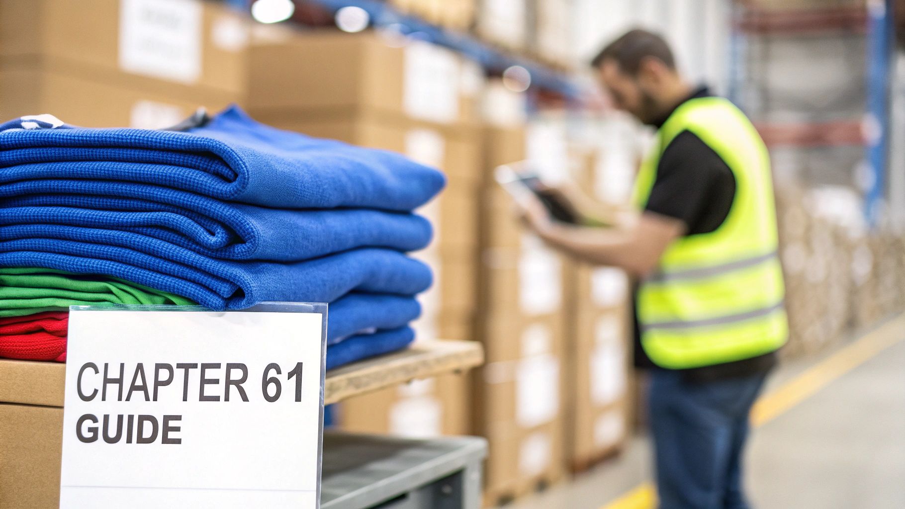 Neatly folded blue, green, and red garments with a 'Chapter 61 Guide' sign in a warehouse.