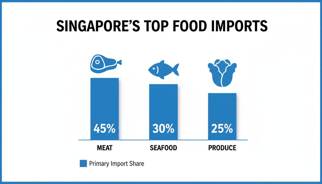 Bar chart showing Singapore's top food imports: Meat 45%, Seafood 30%, Produce 25%.