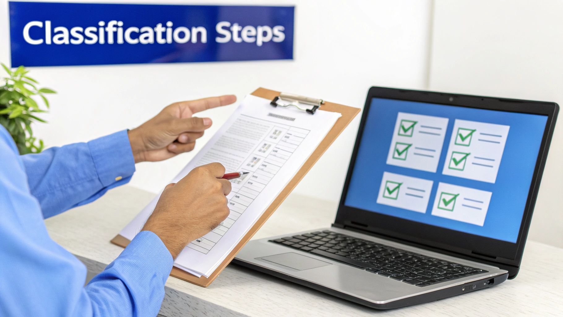 Person's hands reviewing classification steps on a clipboard and a laptop showing checklists.