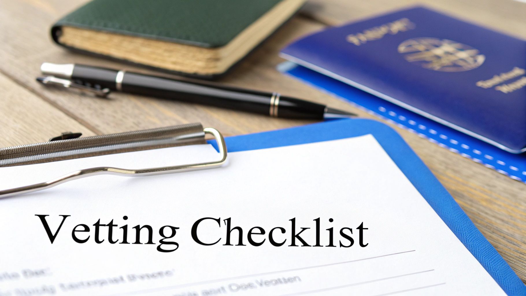 A 'Vetting Checklist' document on a blue clipboard with a pen, notebook, and passport on a wooden desk.