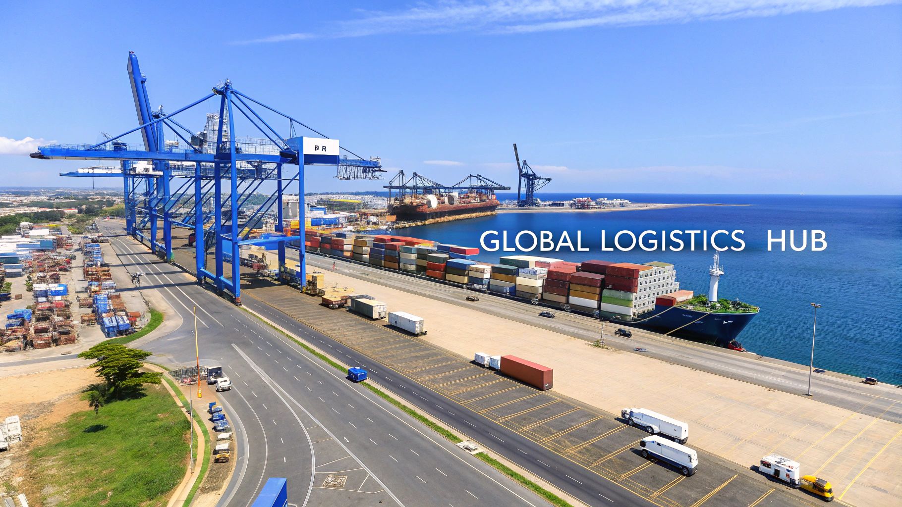 Aerial view of a busy global logistics hub with large blue cranes, container ships, and trucks.