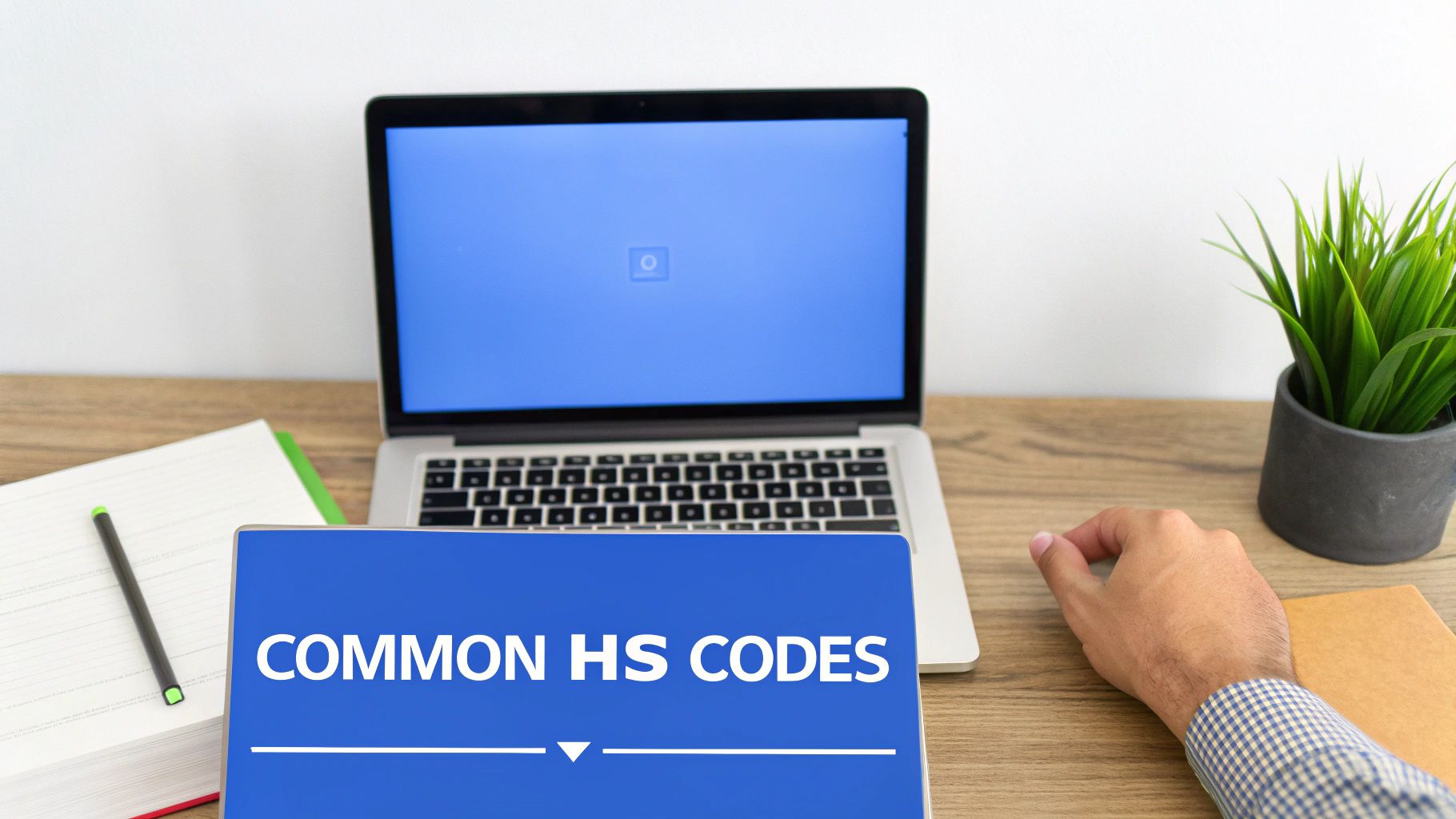A desk with a laptop, open book, plant, and a blue folder labeled 'COMMON HS CODES'.