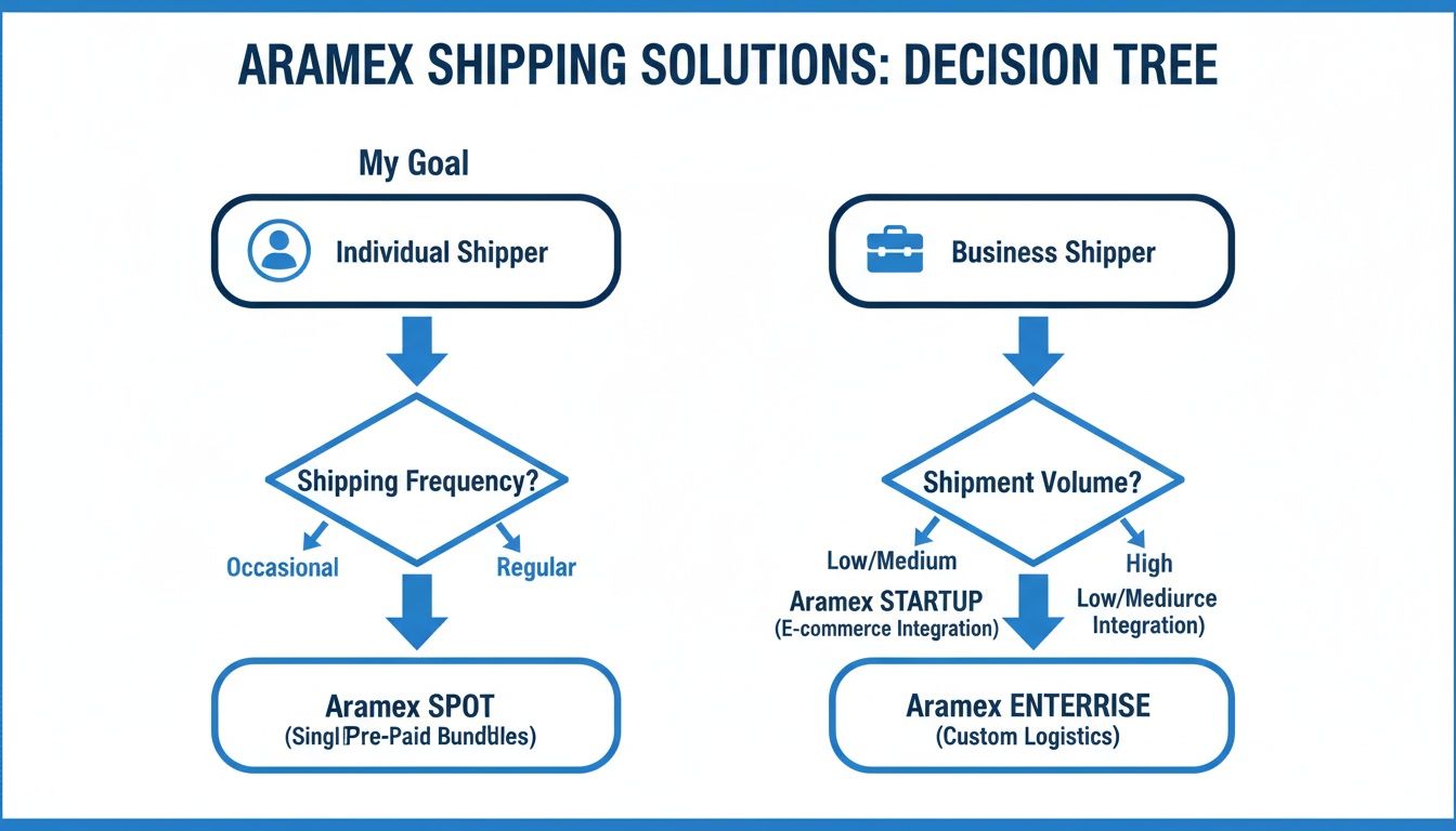 Aramex shipping solutions decision tree illustrating options for individual and business shippers based on needs.