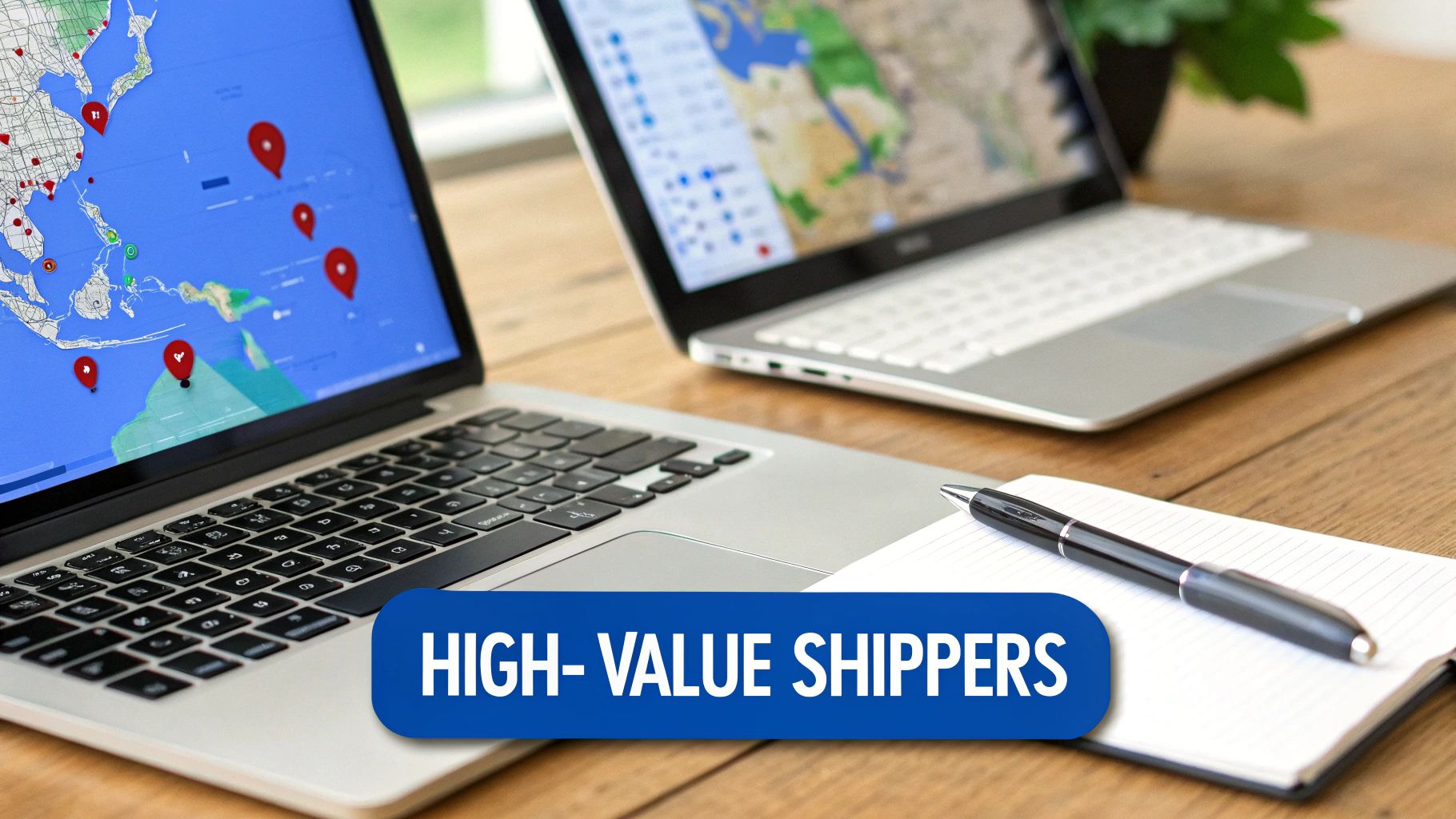 Close-up of a laptop displaying a world map with shipping locations, with 'HIGH-VALUE SHIPPERS' overlay.