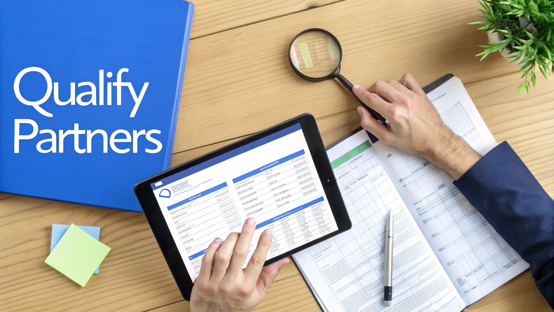 Hands review partner qualifications on a tablet and paper with a magnifying glass.