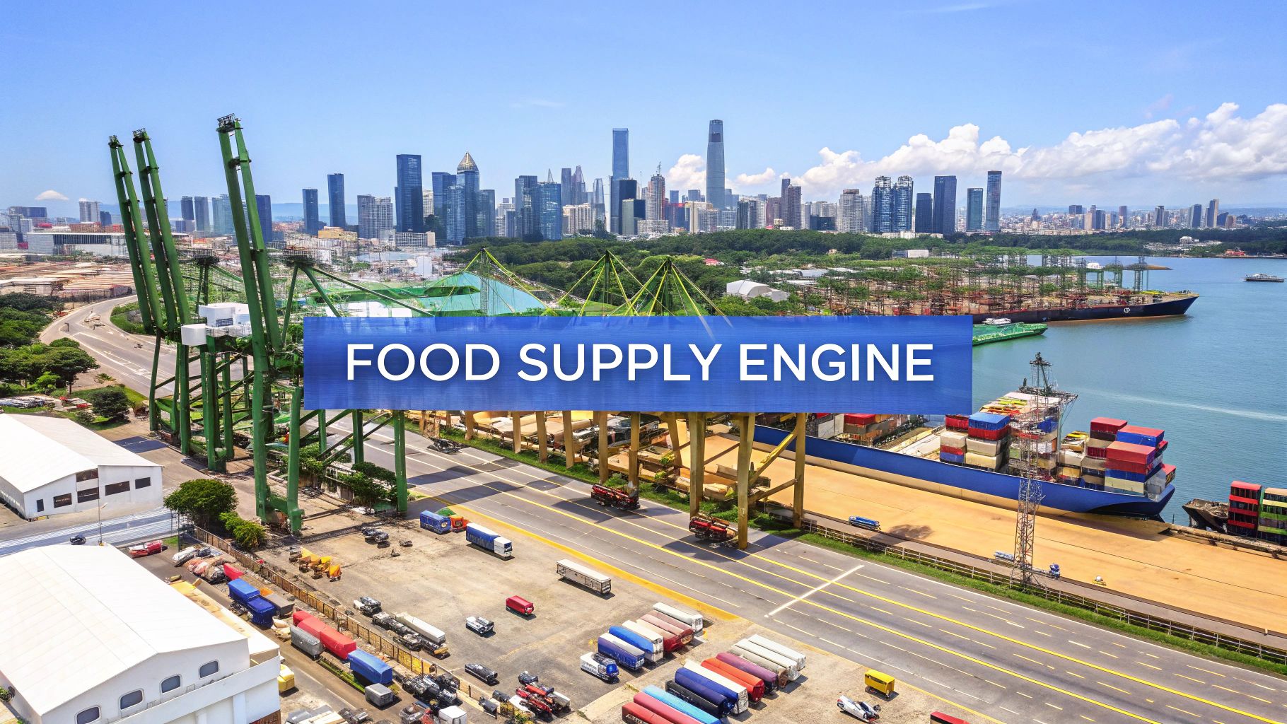 A busy port with container ships and cranes, symbolizing a food supply engine for a city.