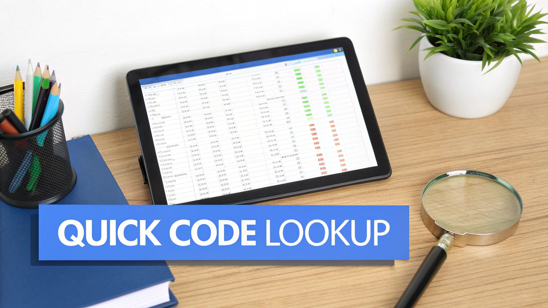 A tablet on a wooden desk displays a spreadsheet for data, next to office supplies and a 'QUICK CODE LOOKUP' banner.