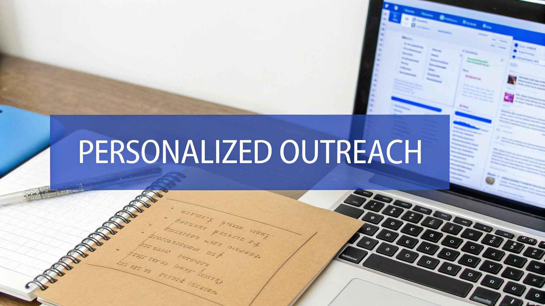 A desk with a laptop, notebook, and pen, featuring a blue banner with 'PERSONALIZED OUTREACH' text.