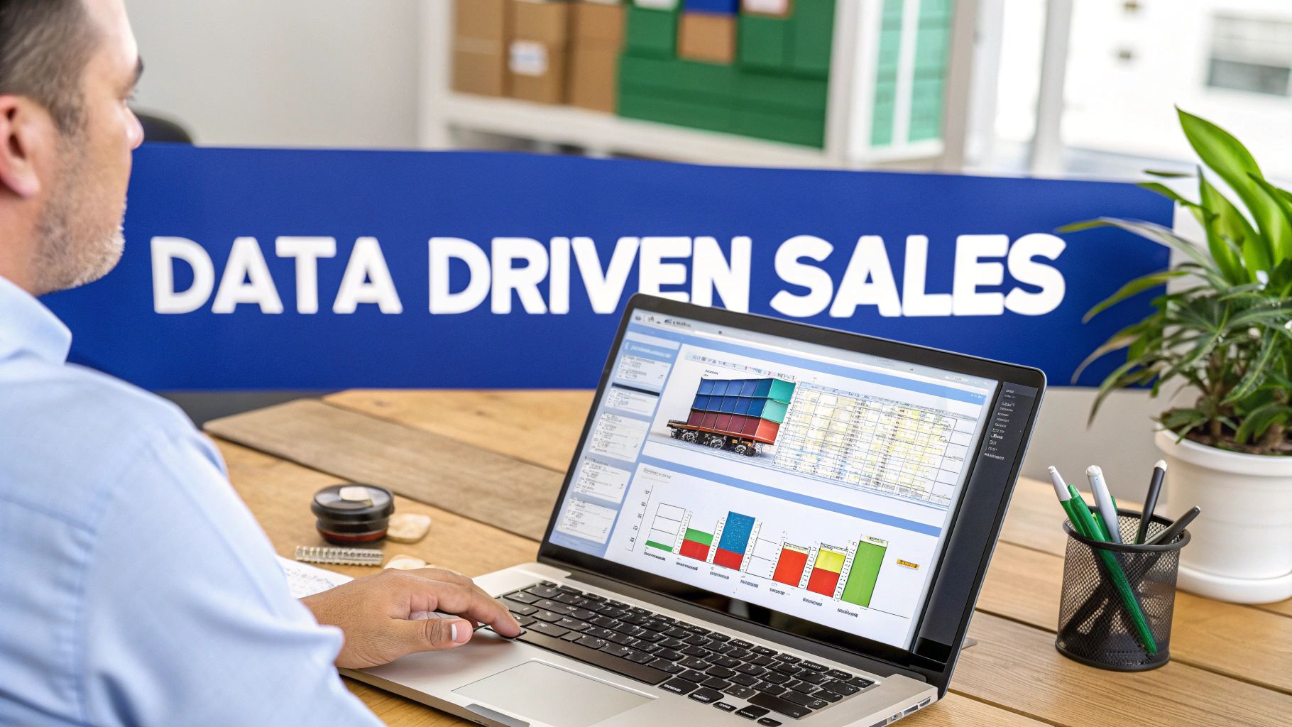 A man views a laptop displaying sales data, logistics charts, and a truck, with a 'DATA DRIVEN SALES' sign.