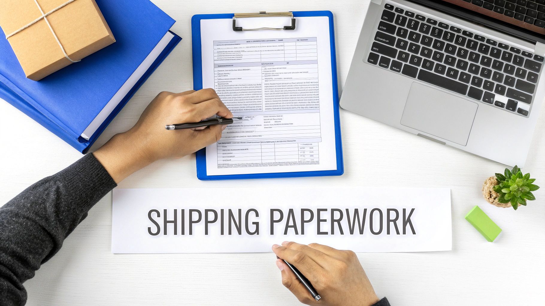 Hands filling out shipping paperwork on a clipboard, with a laptop, files, and a package on a white desk.