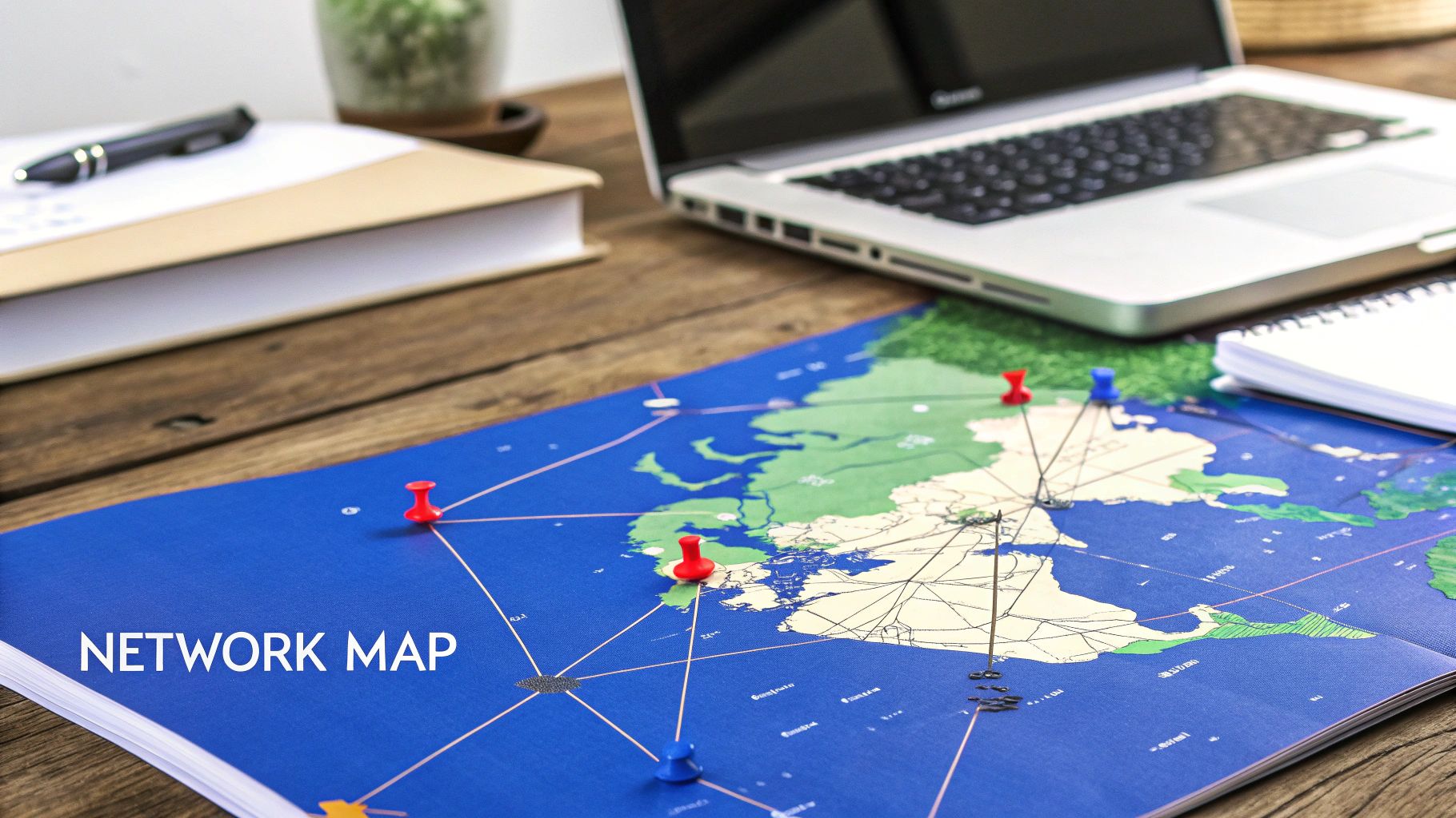 A world map on a wooden desk with red and blue pushpins connected by lines, depicting a network map.