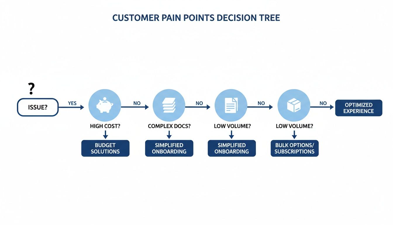 A customer pain points decision tree flowchart showing solutions for high cost, complex documents, and low volume.