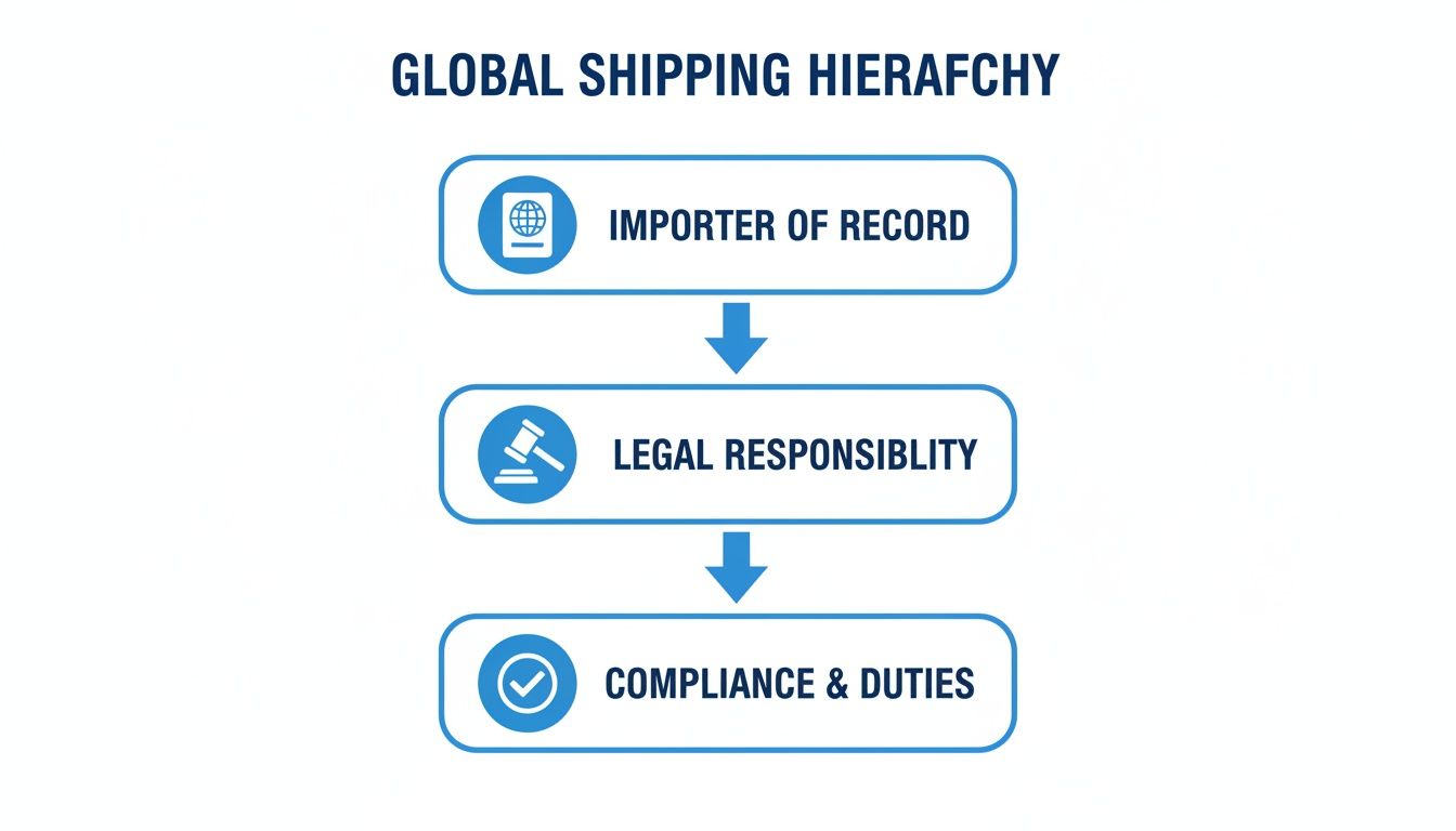 Diagram illustrating the global shipping hierarchy: Importer of Record, Legal Responsibility, and Compliance & Duties.