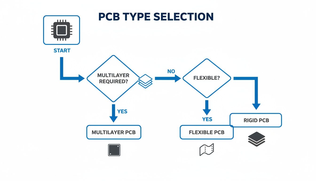 A flowchart detailing the PCB type selection process based on multilayer and flexibility requirements.