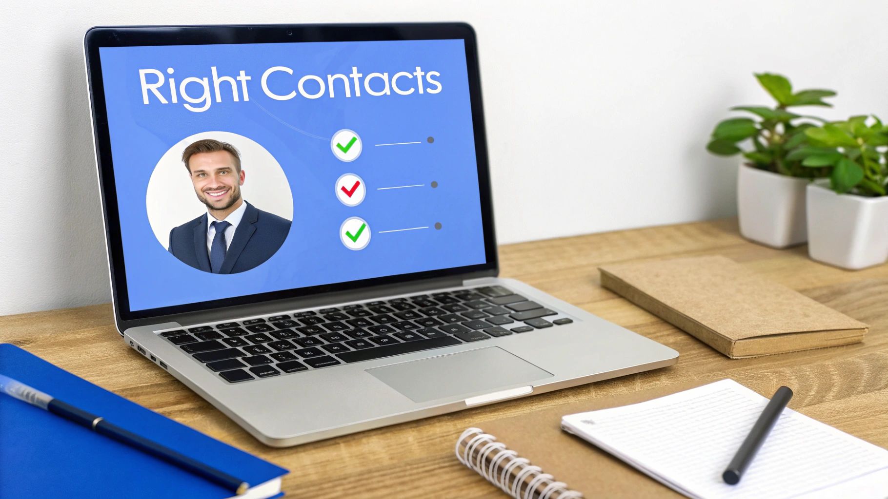 Laptop displaying 'Right Contacts' with a professional man's profile and checklist on a wooden desk.