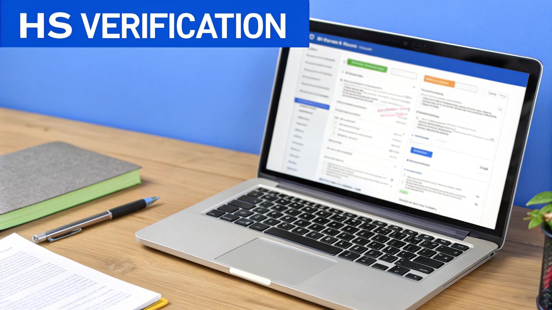 A laptop on a wooden desk displaying an HS verification interface, with a notebook and pen.