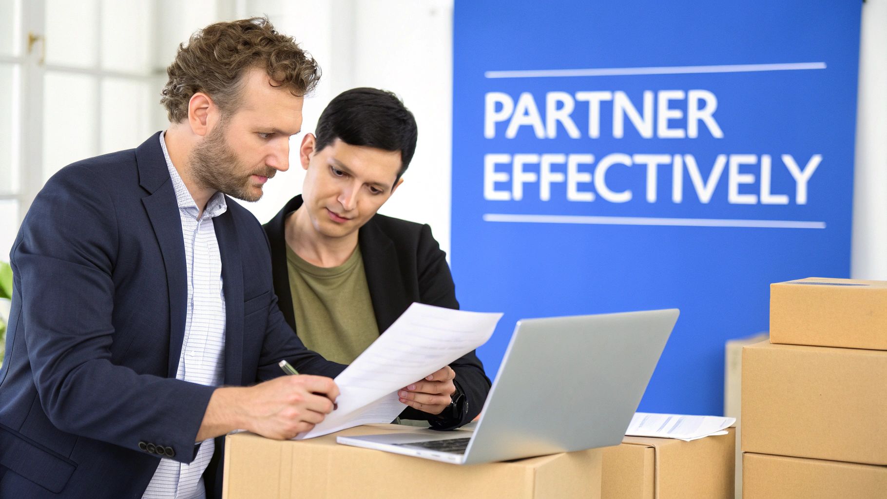 Two men collaborate, reviewing documents and a laptop, with moving boxes and a 'PARTNER EFFECTIVELY' banner.