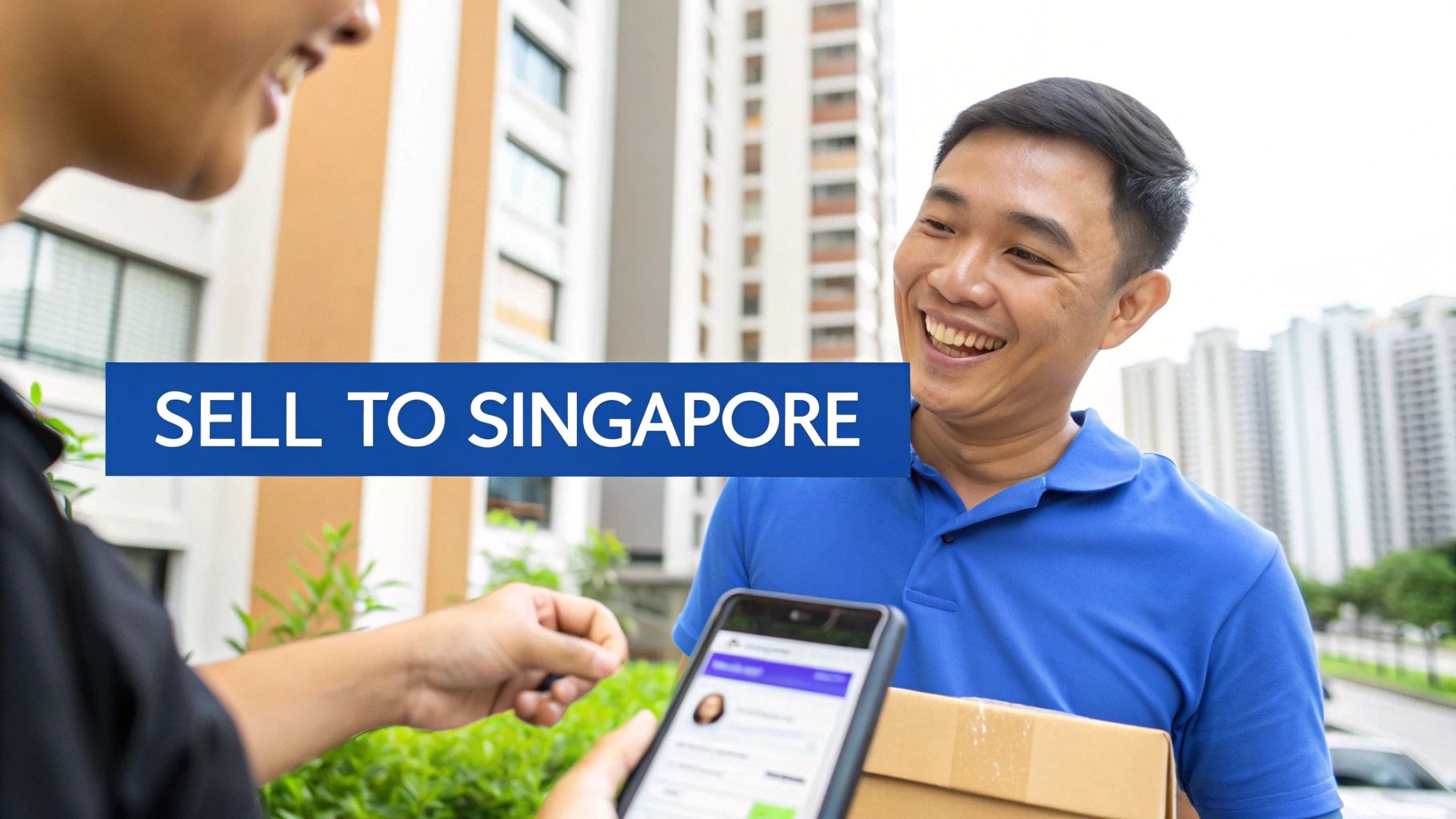 A smiling delivery person hands a package to a customer confirming delivery on a smartphone in Singapore.