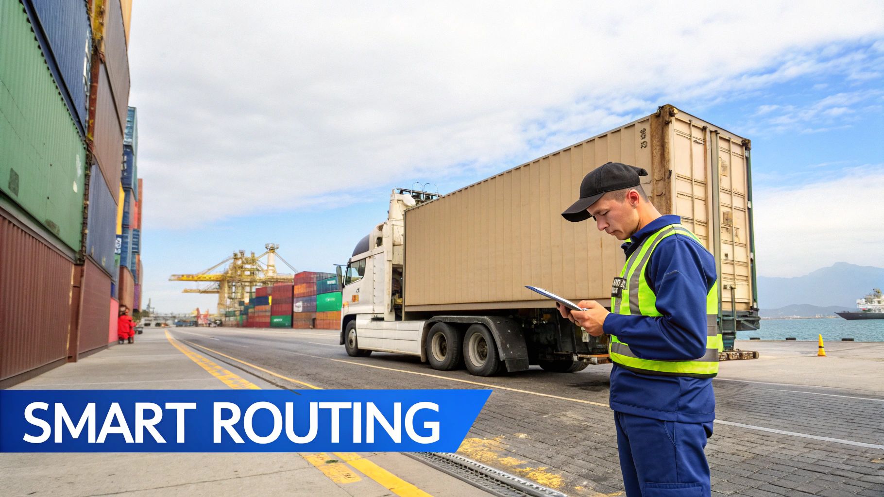 A logistics worker uses a tablet at a busy shipping port with containers, a truck, and a ship.