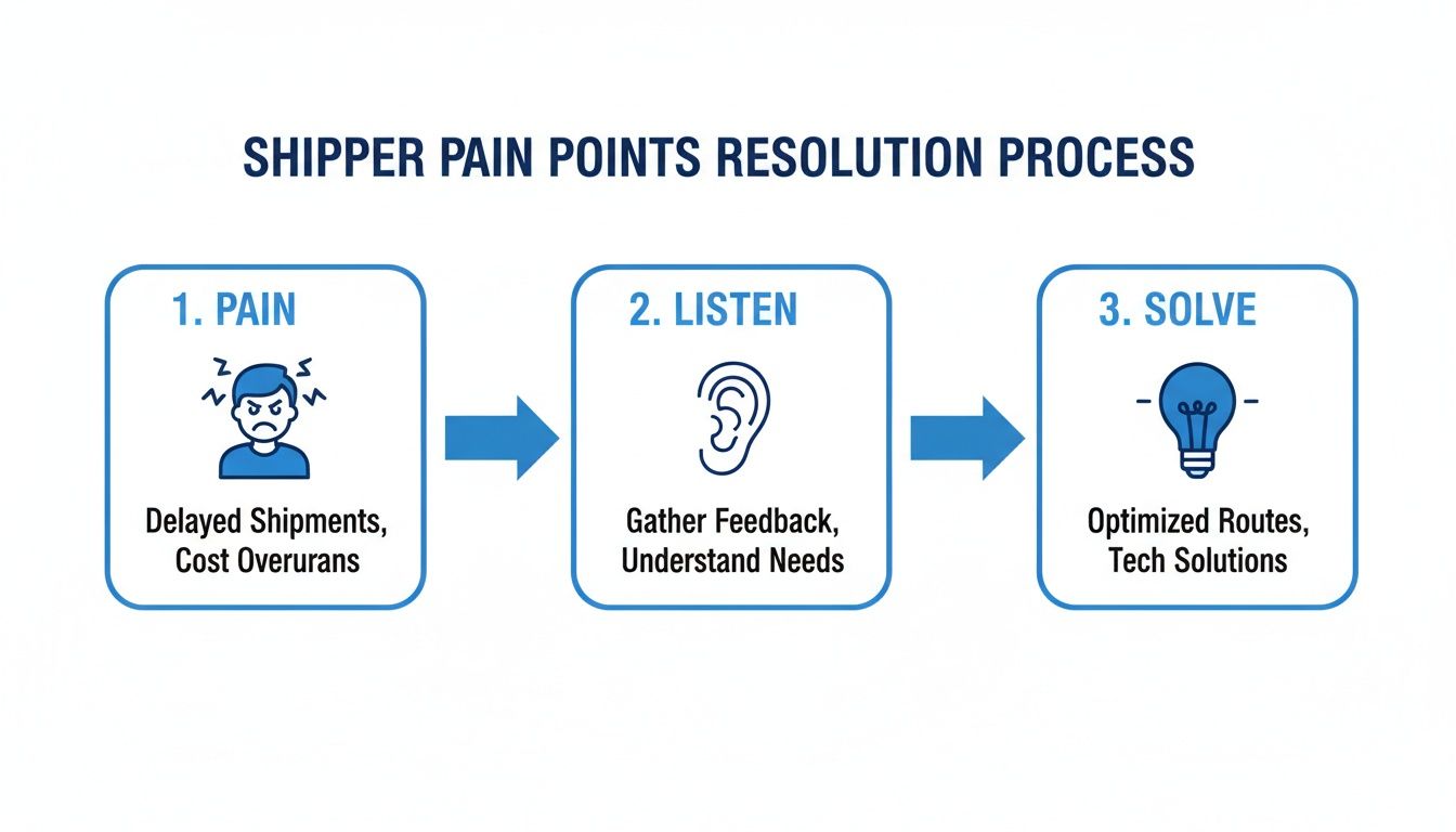 Diagram illustrating a 3-step shipper pain points resolution process: Pain, Listen, and Solve.