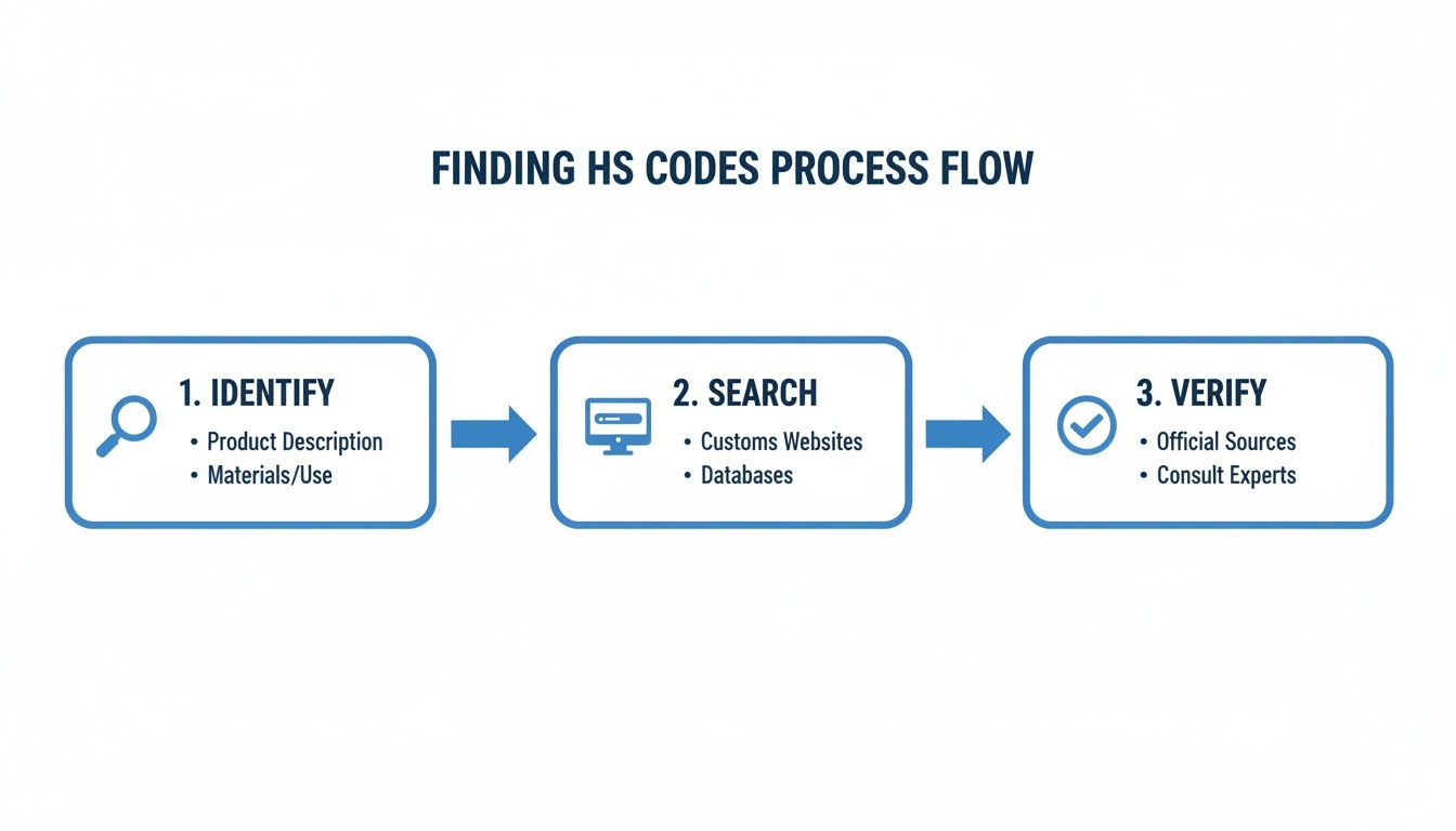 A clear process flow diagram detailing the three steps for finding HS codes: identify, search, and verify.