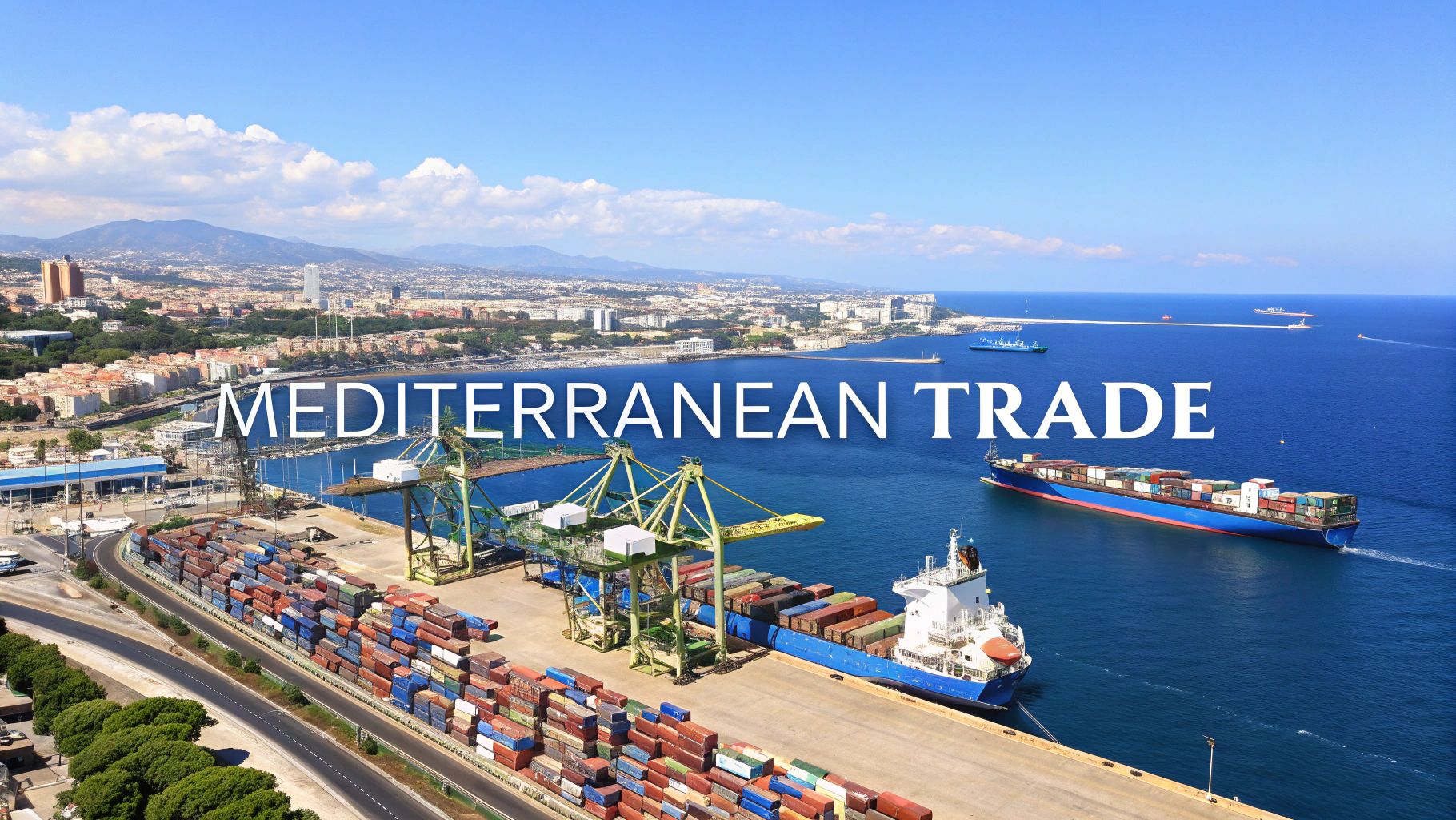 Aerial view of a bustling Mediterranean port with cargo ships, cranes, and containers.