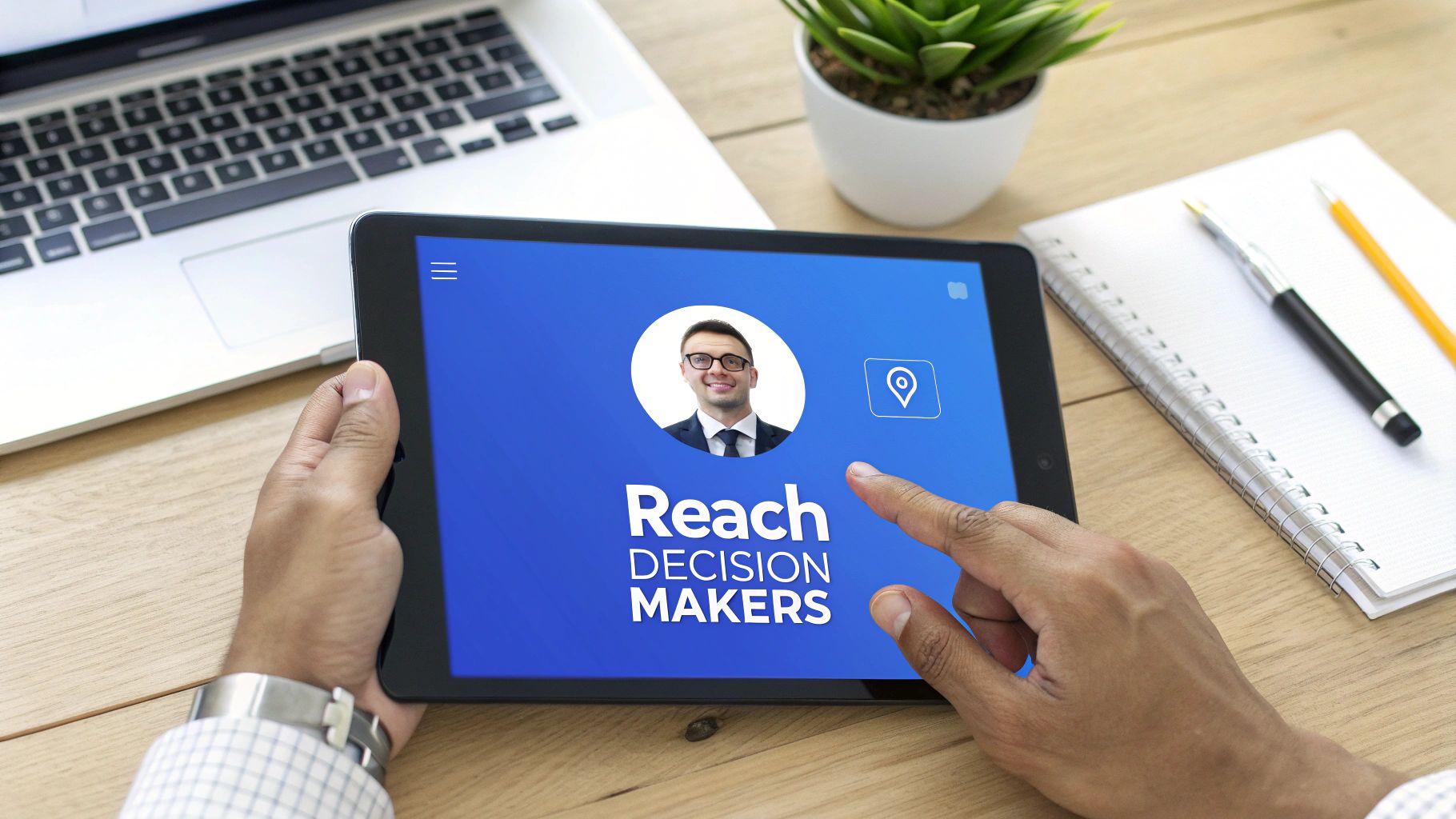 A person's hand touches a tablet displaying 'Reach DECISION MAKERS' and a business profile picture.