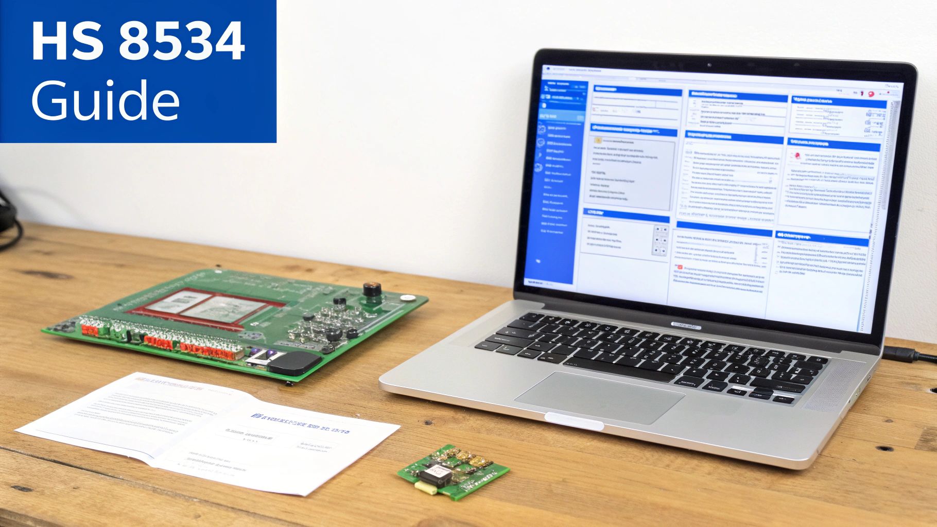 A laptop displaying technical information sits beside various electronic circuit boards and a printed guide.