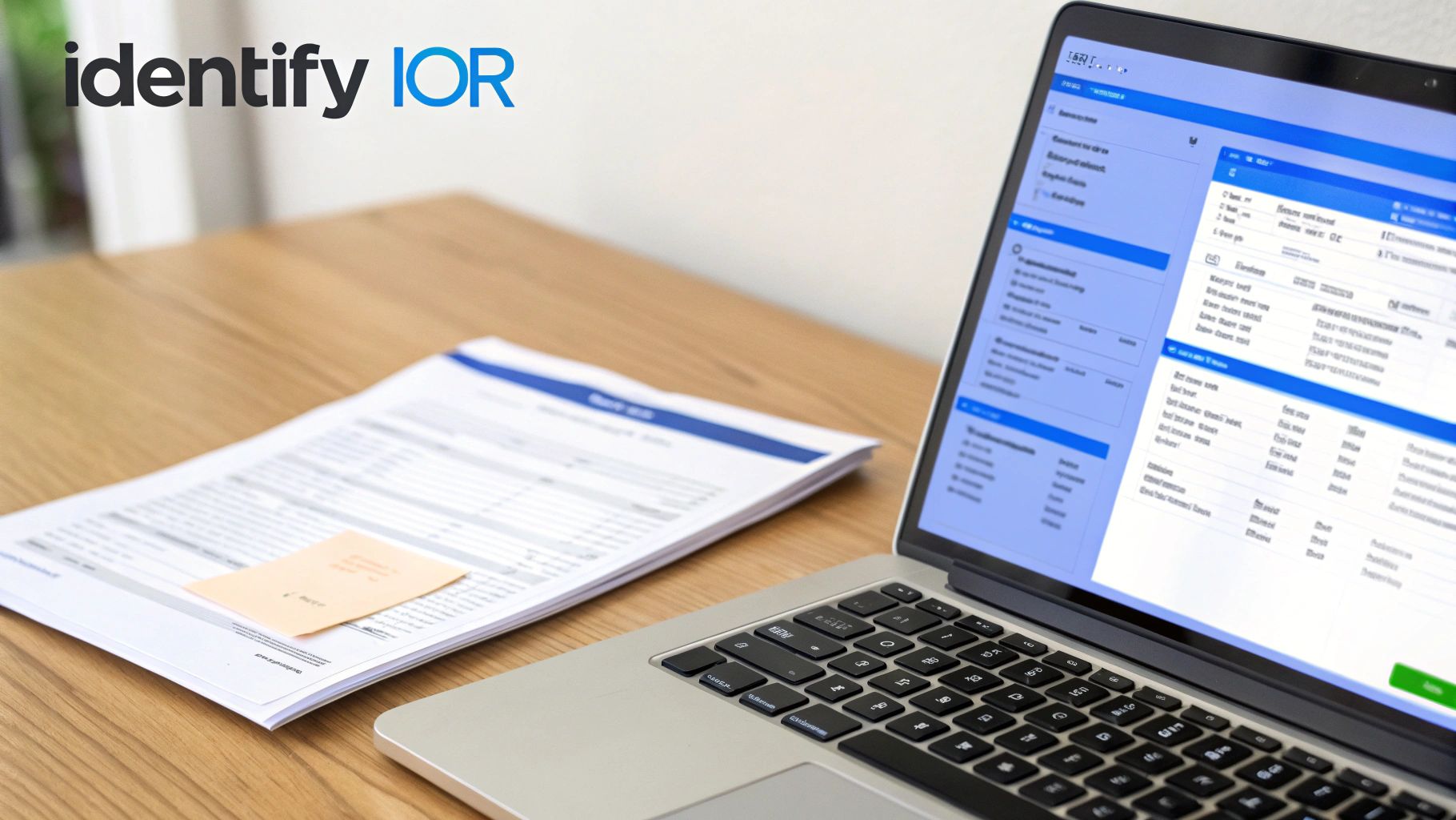A laptop displaying a business application and documents on a wooden desk, with the 'identify IOR' logo.