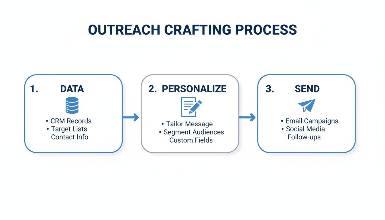 A flow chart illustrating the three-step outreach crafting process: Data, Personalize, and Send.