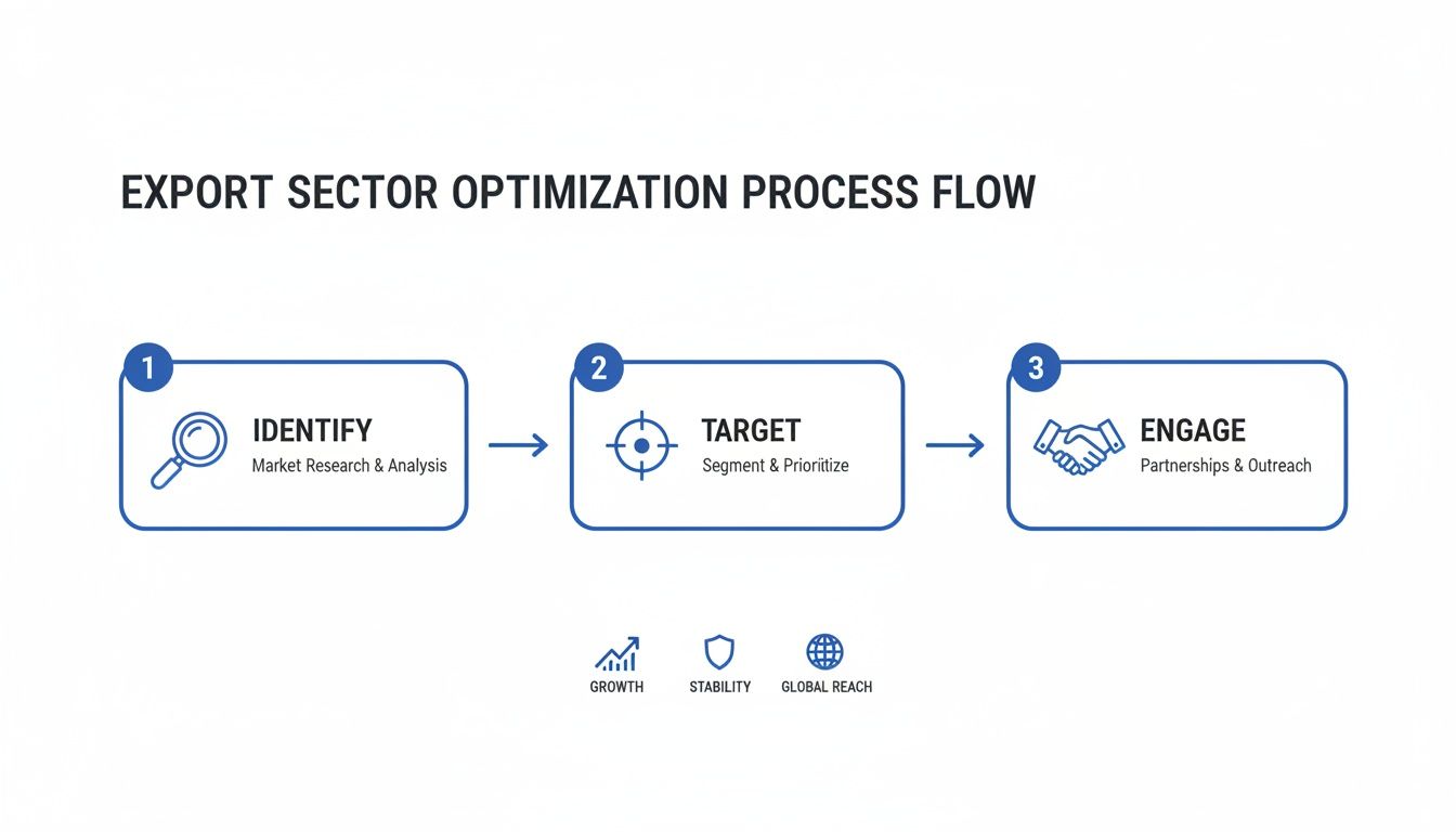 Export sector optimization process flow with three steps: Identify, Target, Engage, aiming for Growth, Stability, Global Reach.