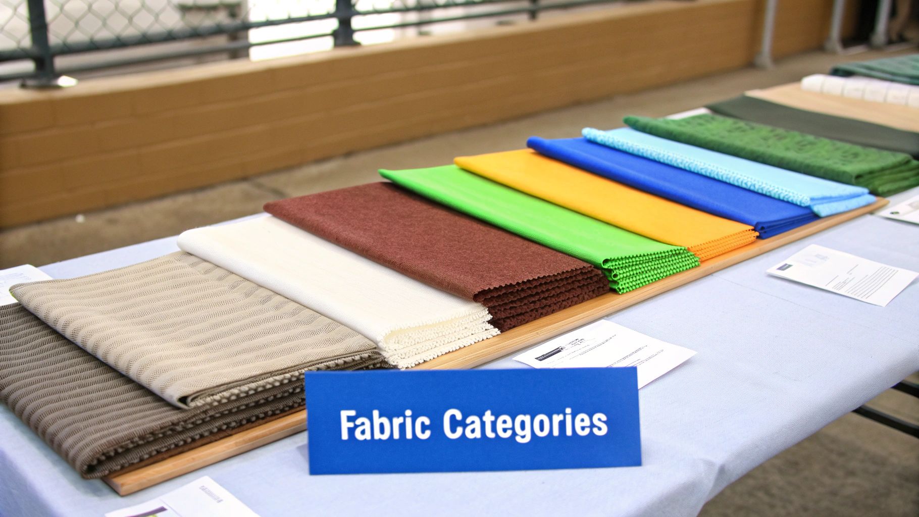 A display of various fabric categories, including colorful and textured swatches, laid out on a table.