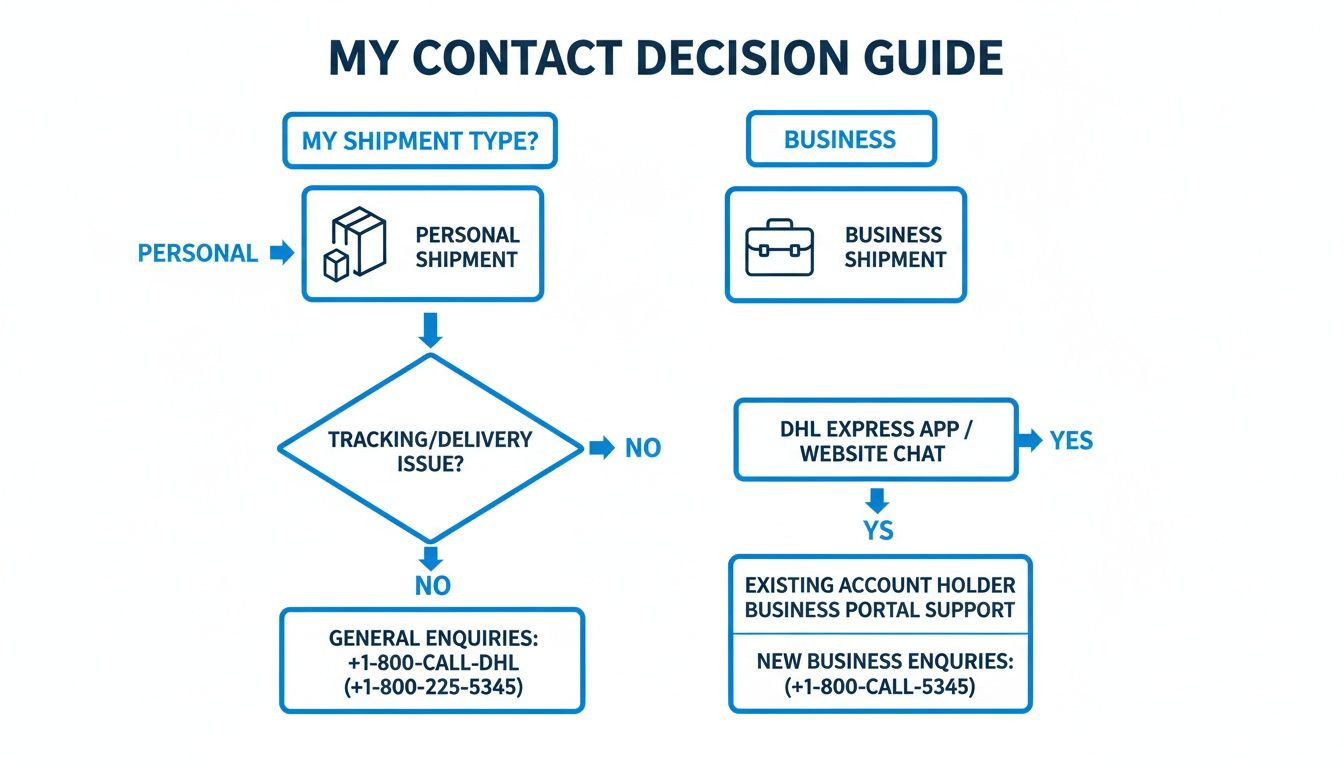 DHL contact decision guide flow chart for personal and business shipments, including phone numbers and online support.