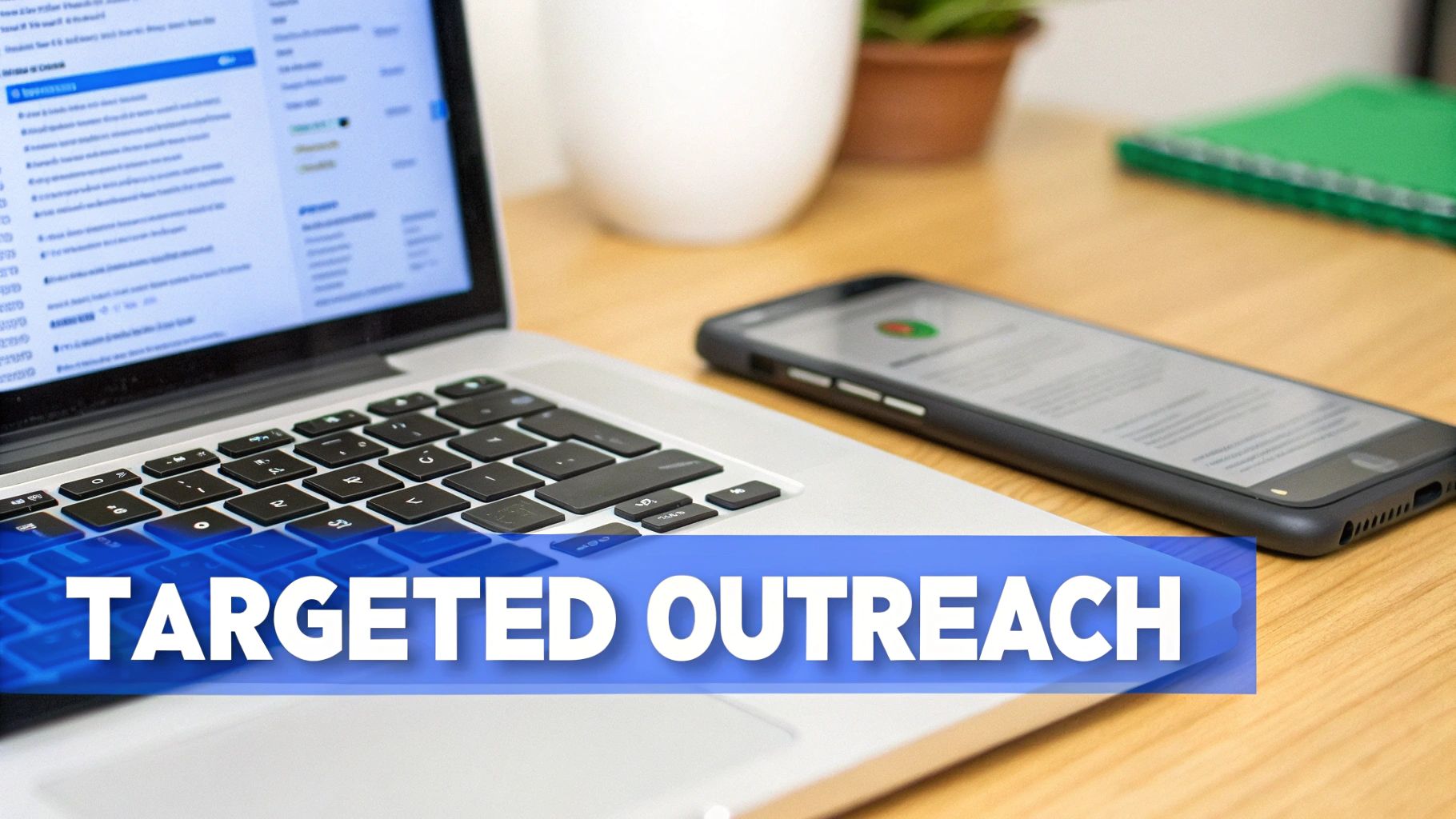 Close-up of a laptop and smartphone on a wooden desk with "TARGETED OUTREACH" overlay.