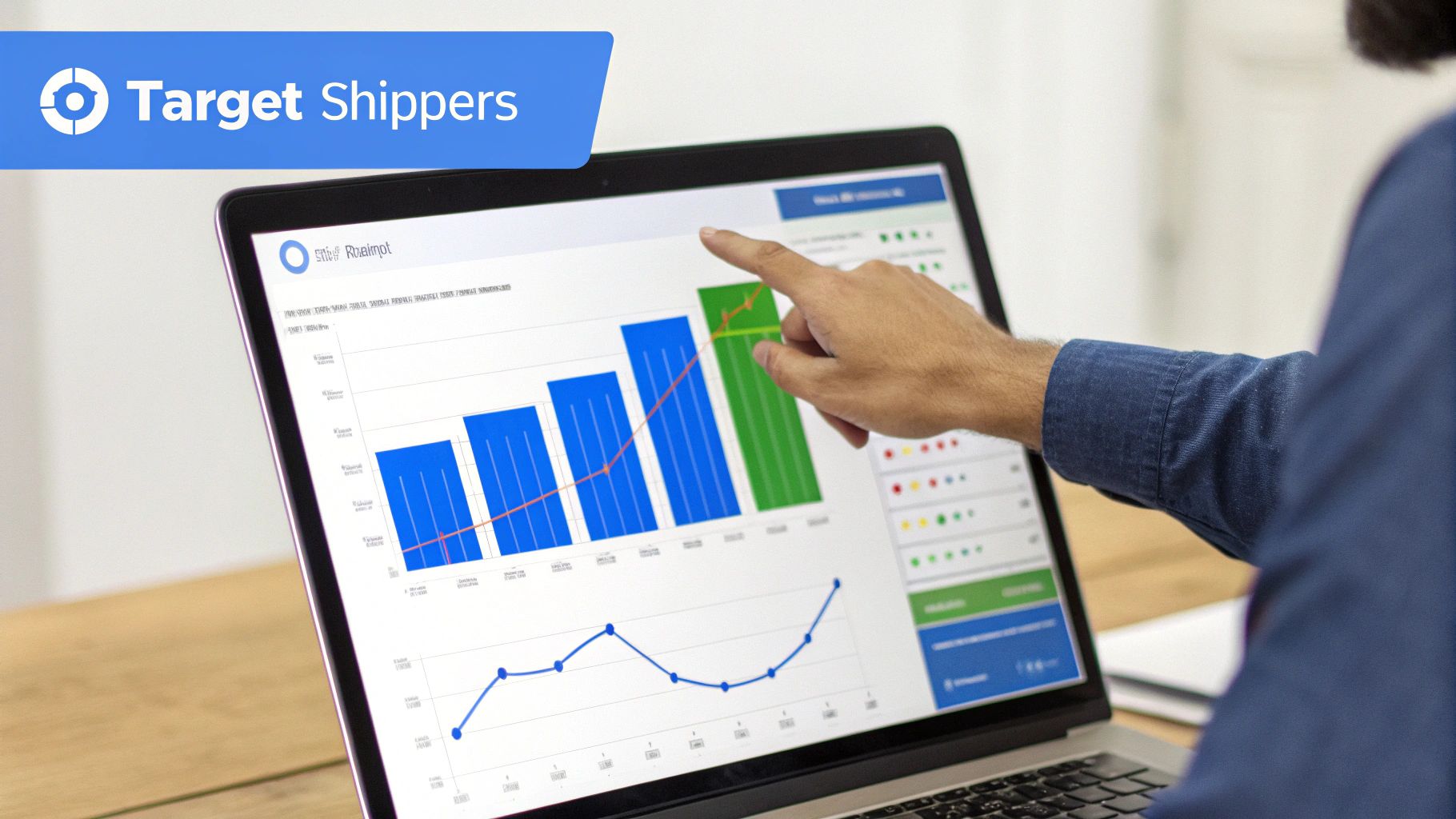 A person's hand points at a laptop screen displaying business analytics charts and graphs with a 'Target Shippers' banner.