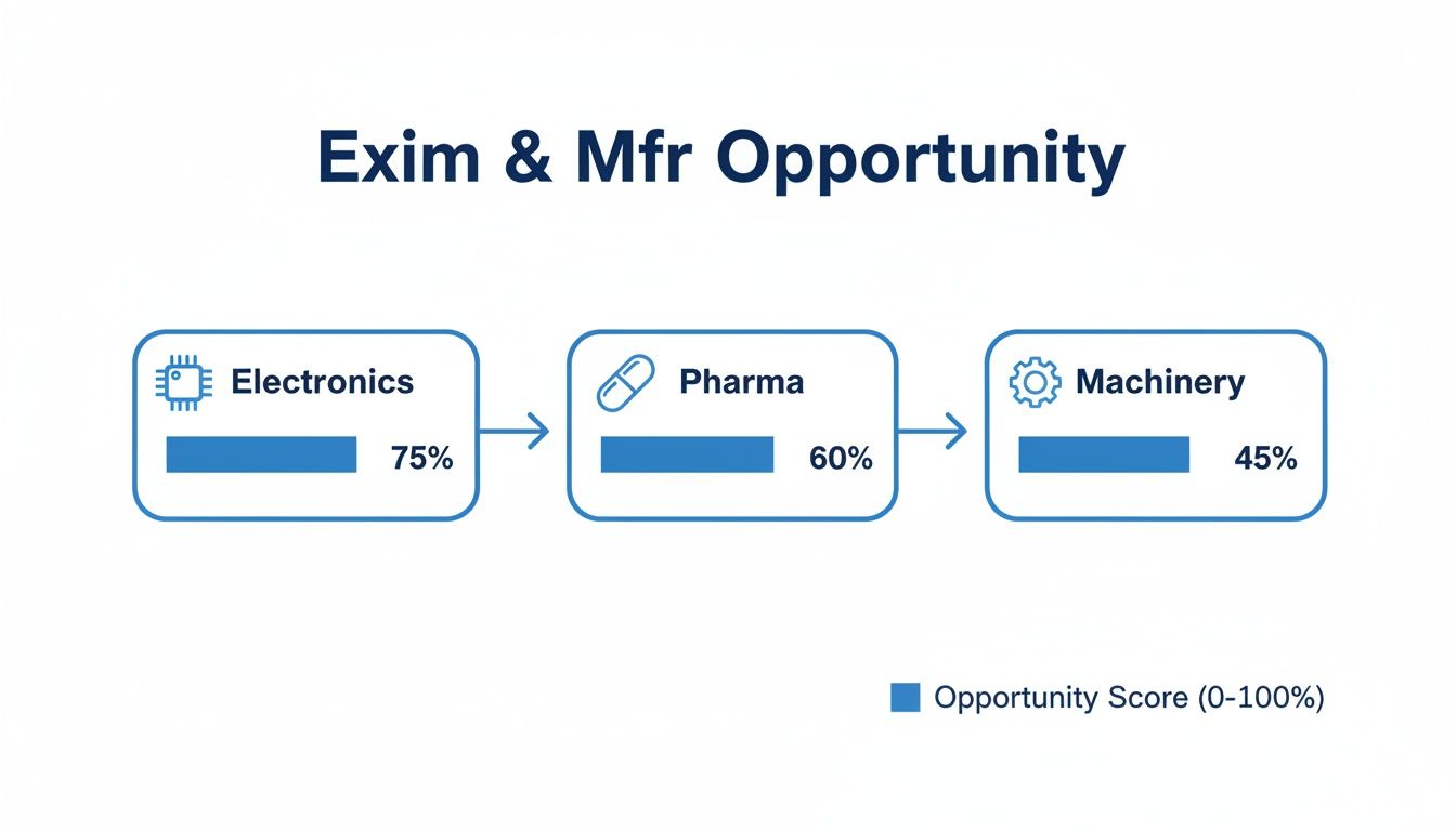Flowchart showing Exim & Mfr opportunities with scores for Electronics (75%), Pharma (60%), and Machinery (45%).