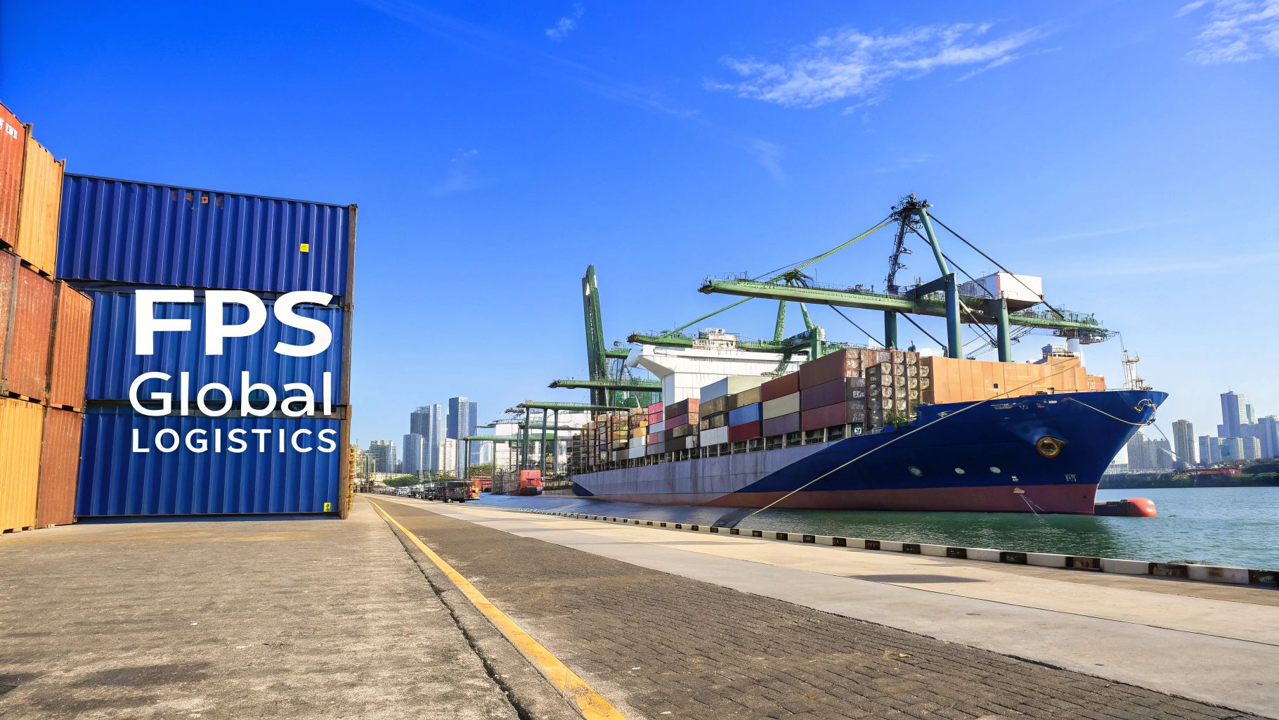 A container ship with cranes at a port, flanked by stacked shipping containers, bearing FPS Global LOGISTICS text.