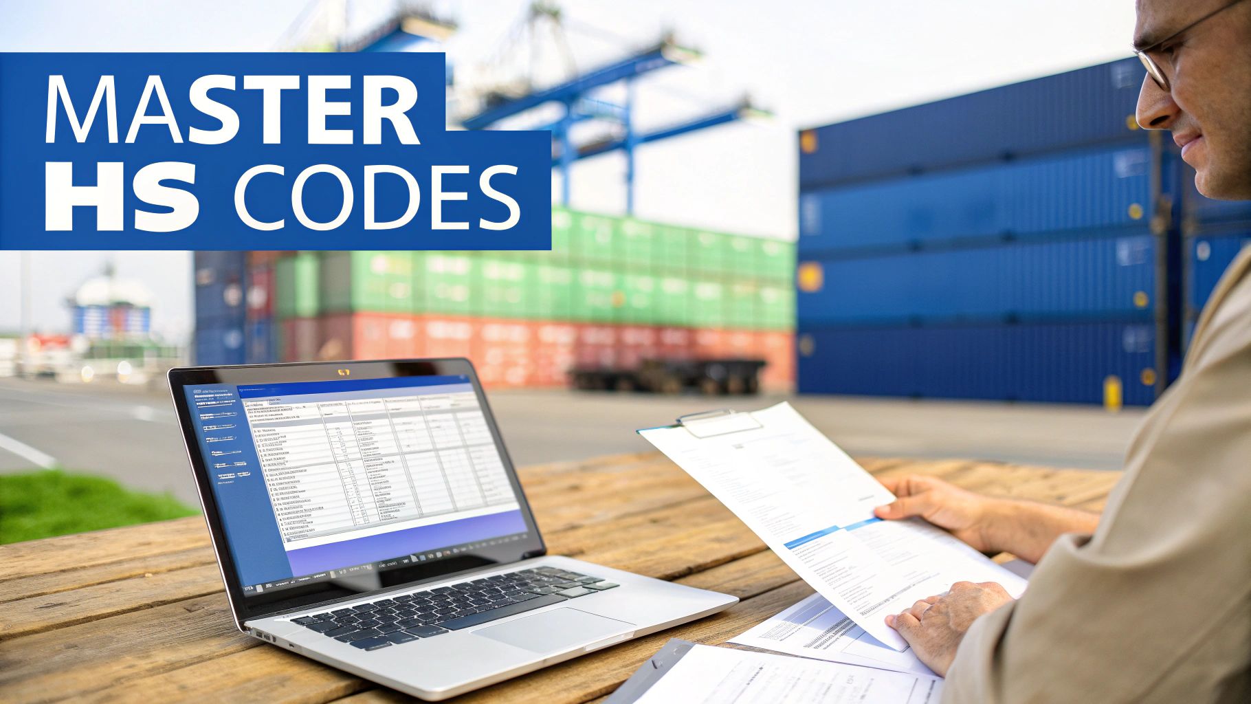 A person reviewing HS codes on a laptop and documents at a port with shipping containers.