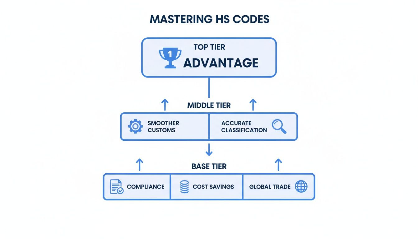 A diagram illustrating the advantages of mastering HS codes, showing benefits like smoother customs, cost savings, and compliance.